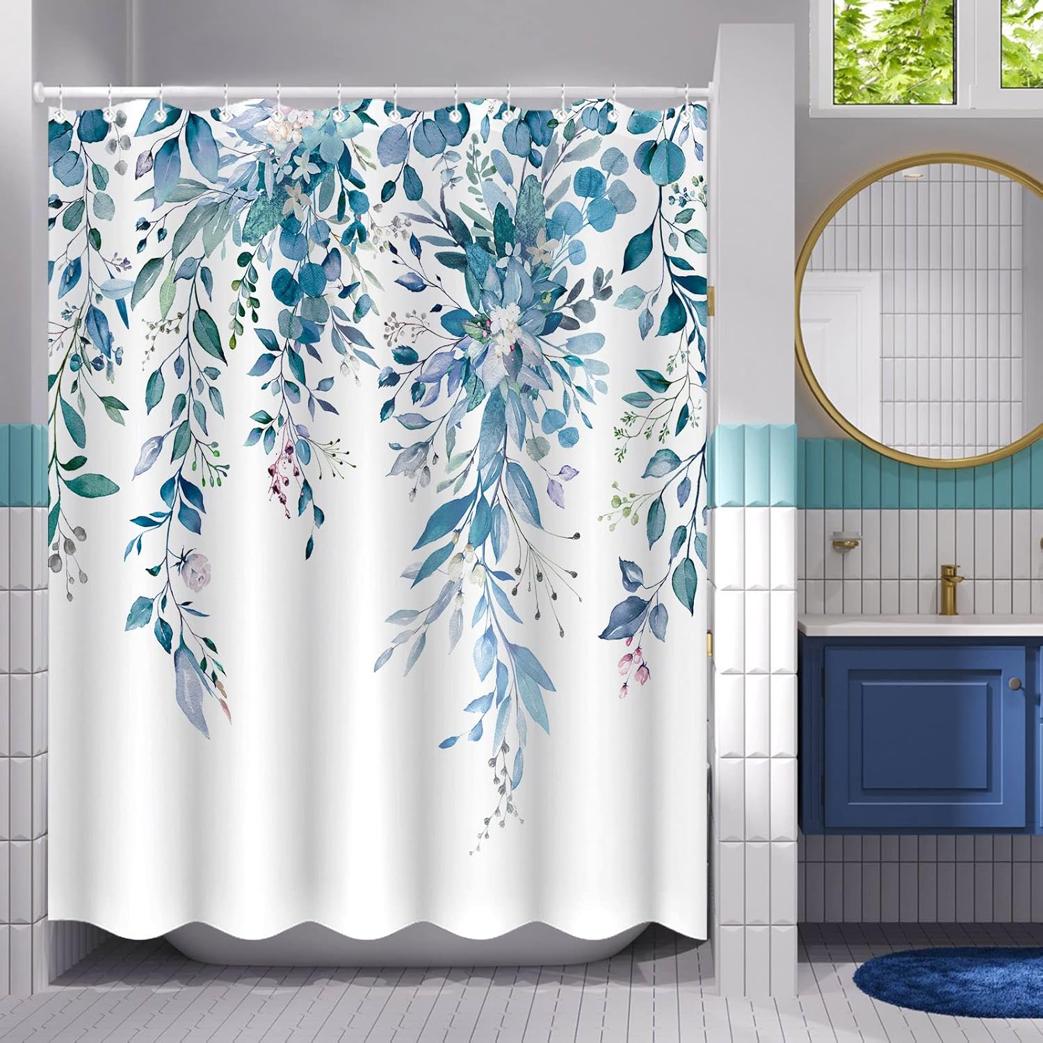 84 Inch Extra Long Blue Eucalyptus Shower Curtain Watercolor Floral Plant Leaf Shower Curtains for Bathroom Botanical Flower Waterproof Fabric Bath Curtain Decor with Hooks (Blue, 72'' x 84'')