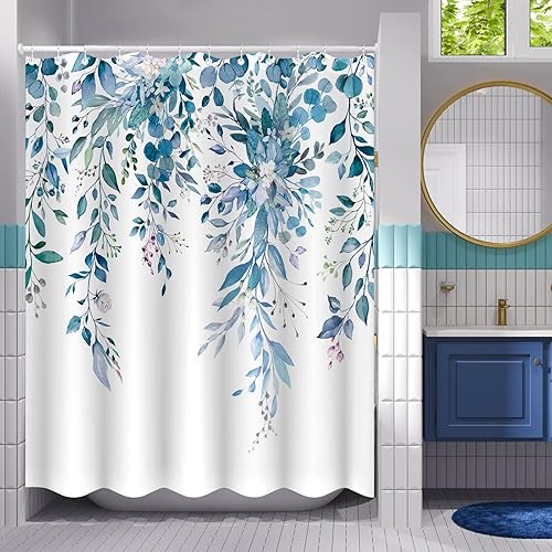 Miniatura 3 de Zussun Cortina de ducha de eucalipto azul, cortinas de ducha de acuarela floral con hojas para baño, flores botánicas, tela impermeable, decoración