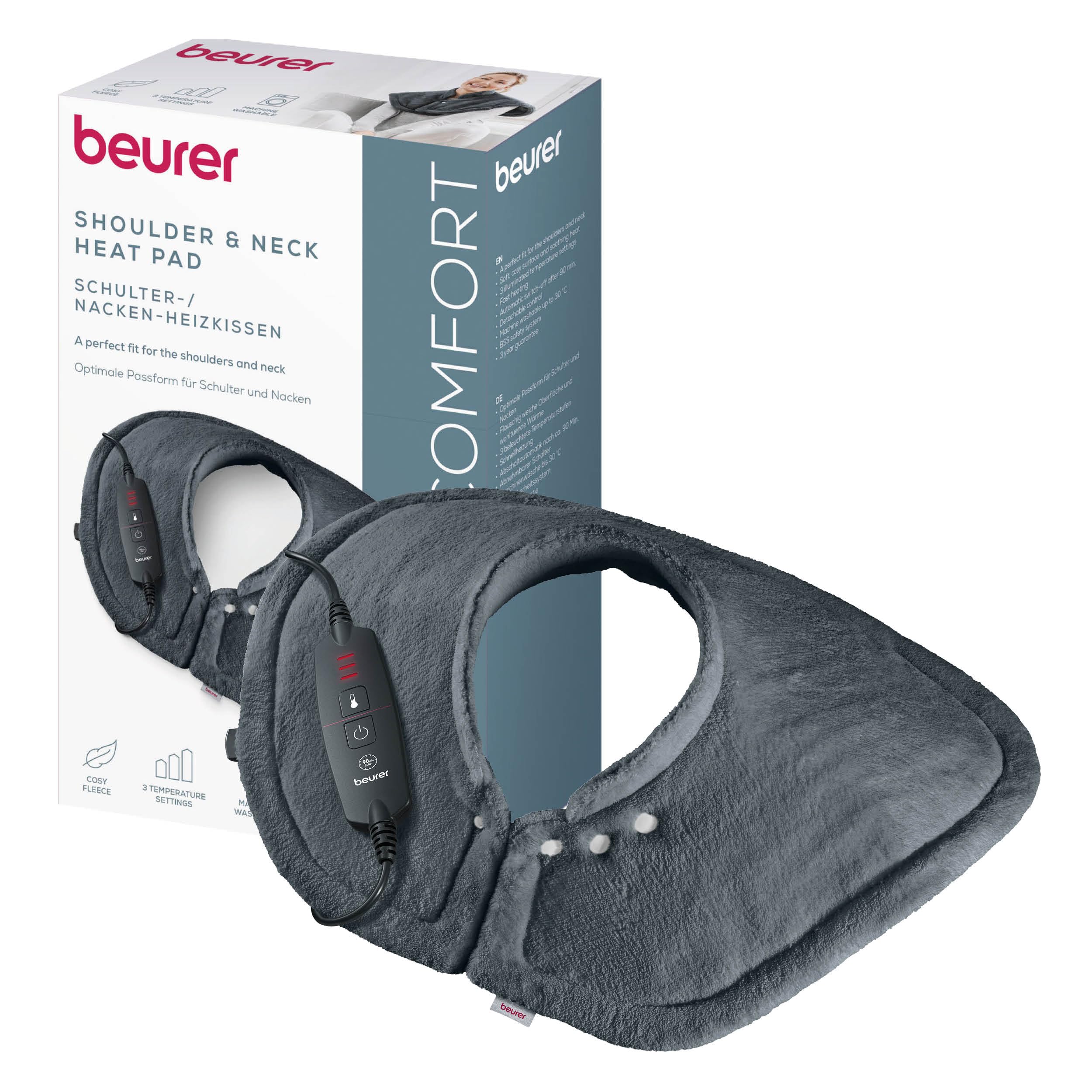Beurer HK 66 Cosy Termoforo per spalle e cervicale, termoforo elettrico di forma anatomica con chiusura magnetica, 3 livelli di temperatura con spegnimento automatico, lavabile