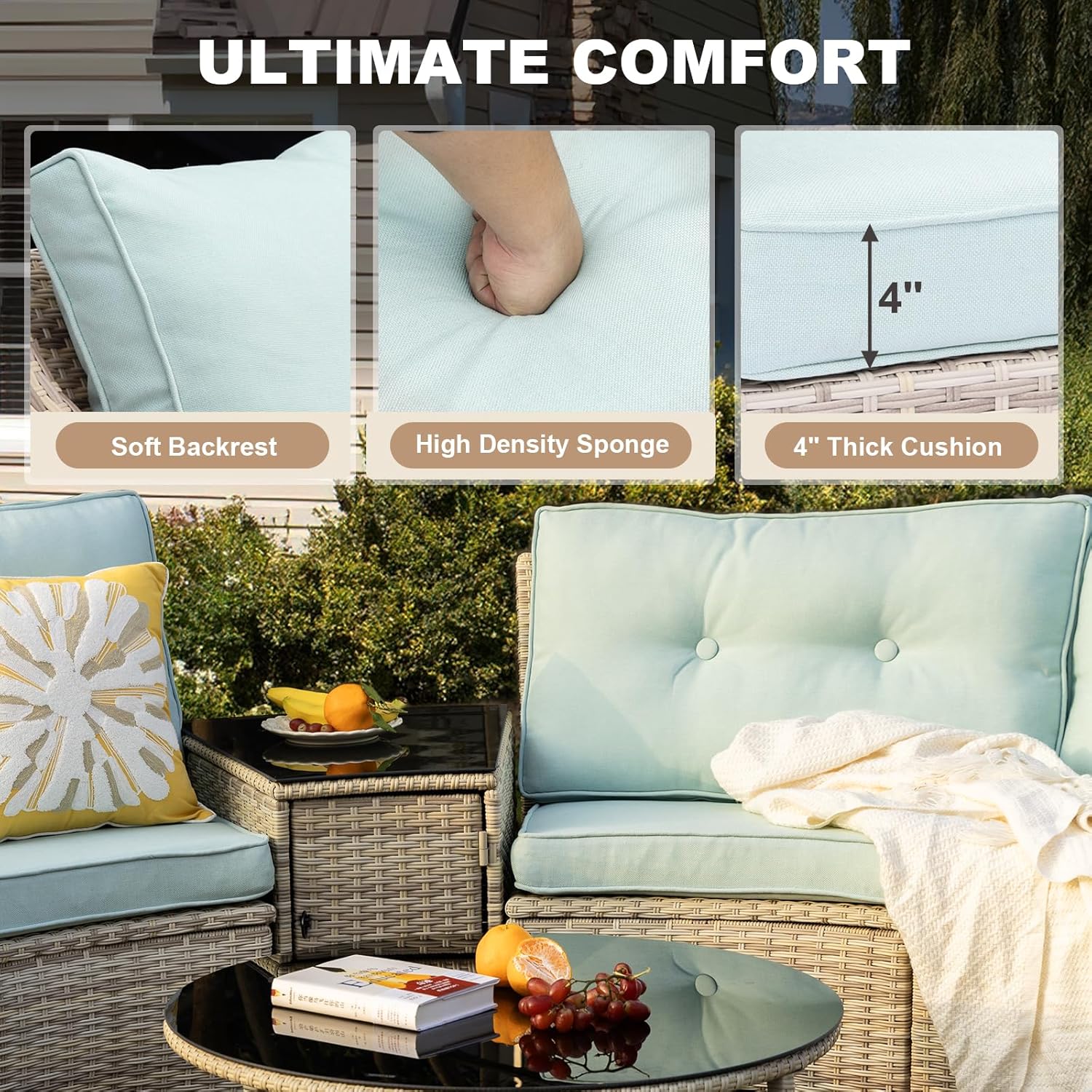 Close-up of cushions showing soft backrest, high-density sponge, and 4-inch thickness