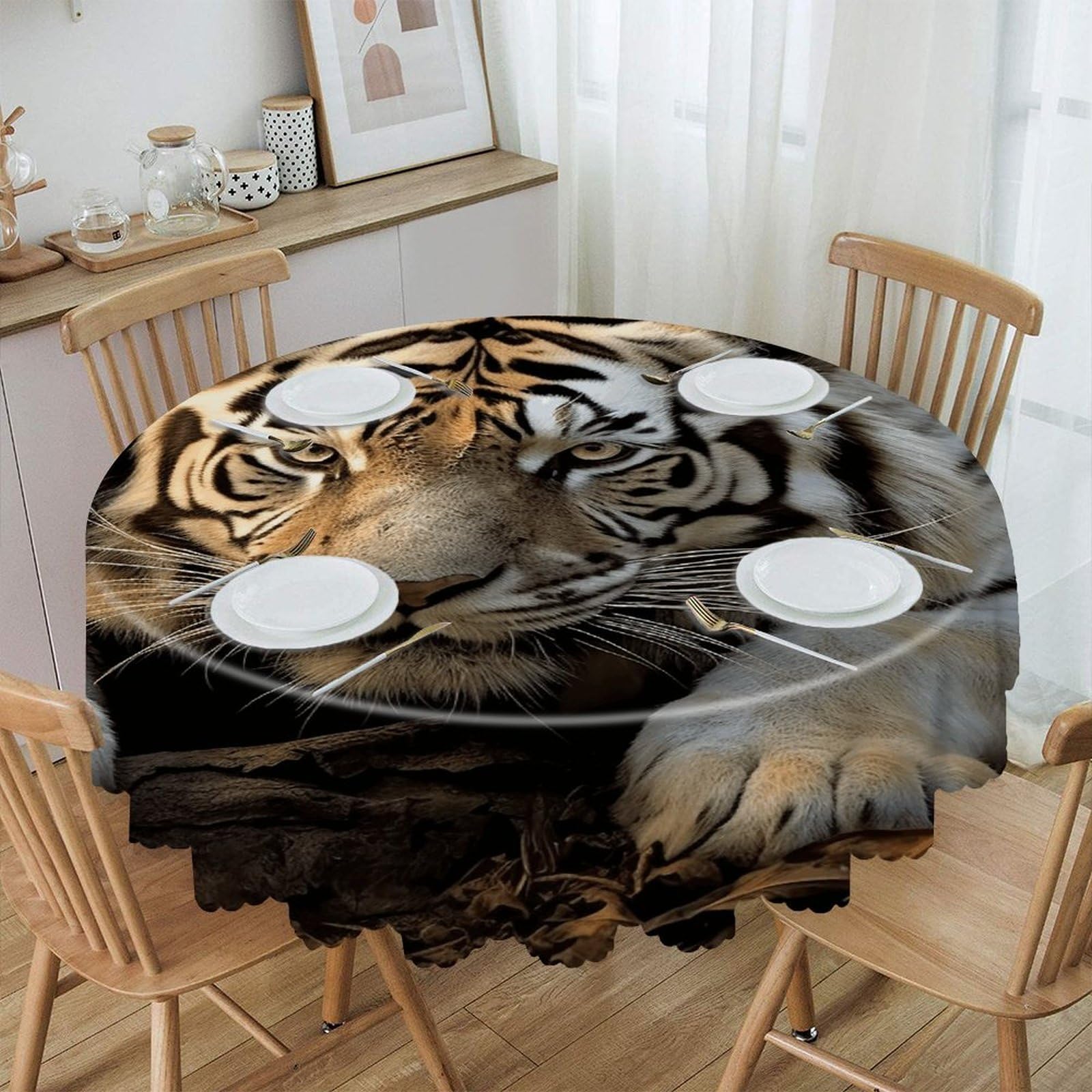 LZQPOEAS Lying Tiger Round Tablecloth Rustic Circle Table Cloth Wrinkle Resistant Decor Tablecloth Waterproof Washable Table Cover for Kitchen Party Dining Table 60 Inch