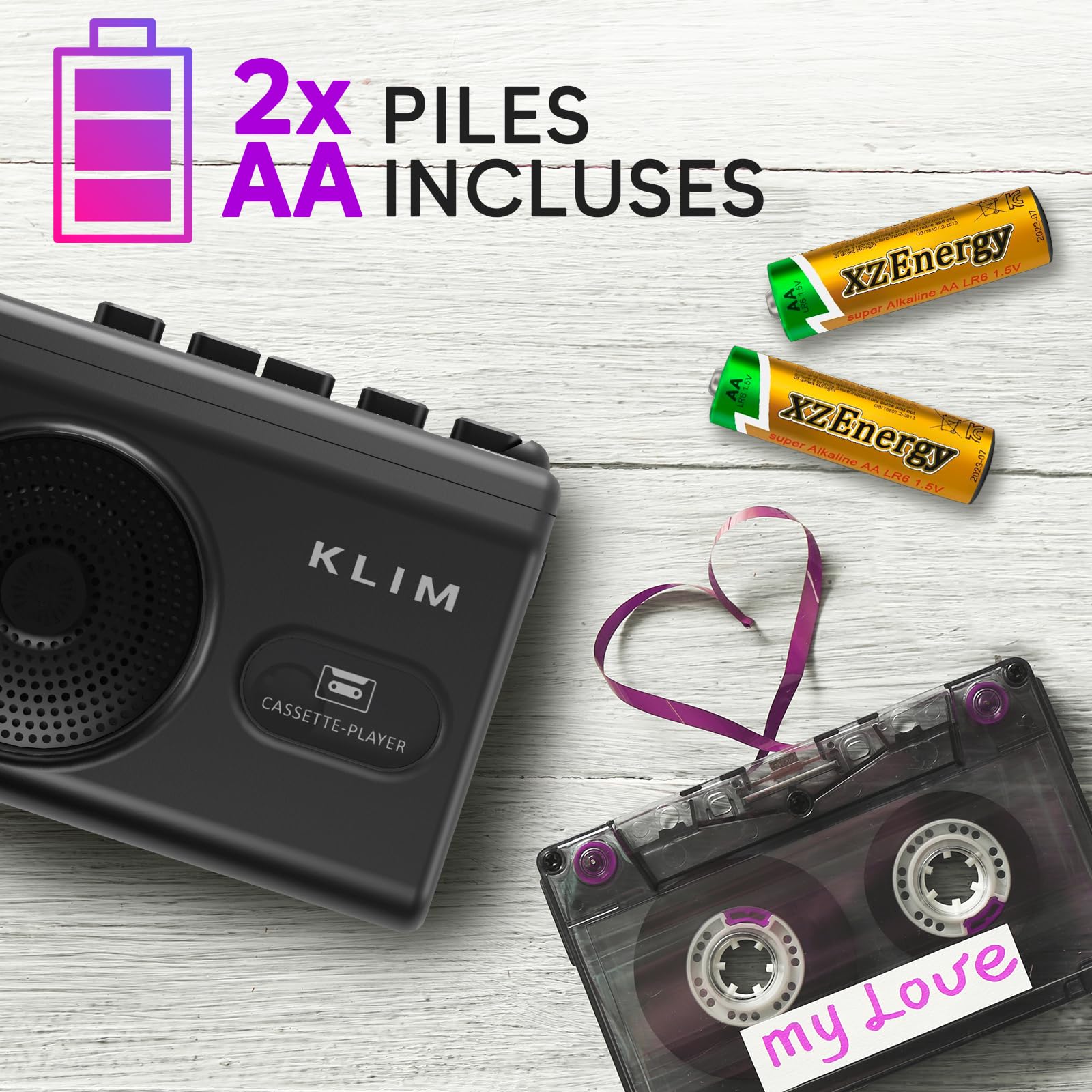 Lecteur Cassette Audio Enregistreur KLIM K9 – Baladeur Cassette Portable avec Haut-Parleur, Microphone, Prise Casque, Alimentation Piles AA/AC, 2 Piles et Écouteurs Inclus