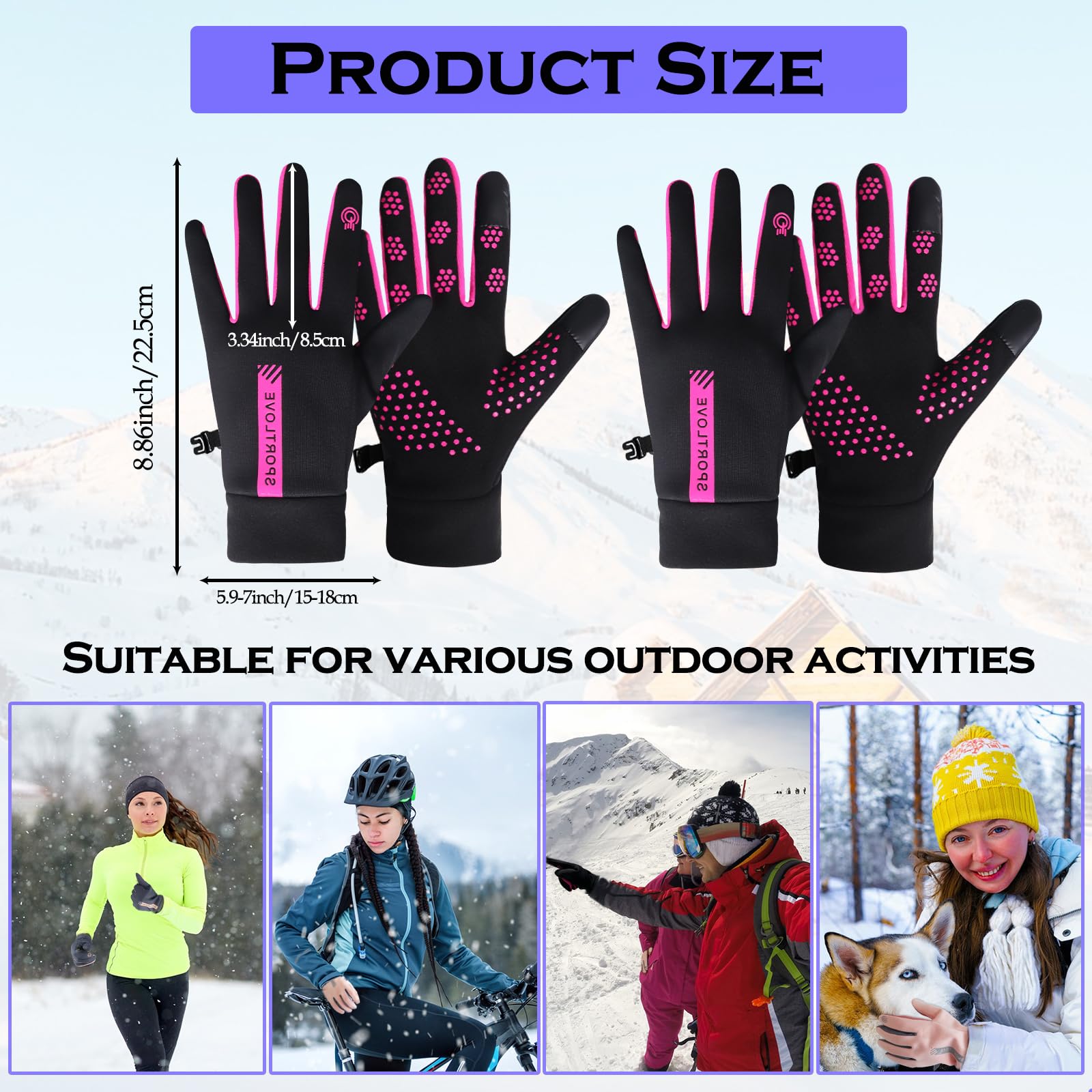 2 Pairs Winter Thin Thermal Gloves Waterproof Finger Touch Screen Non-Slip Cold Resistant Gloves Windproof Warm Winter Running Gloves for Womens Outdoor Sports,Cycling,Driving,Hiking — view 3