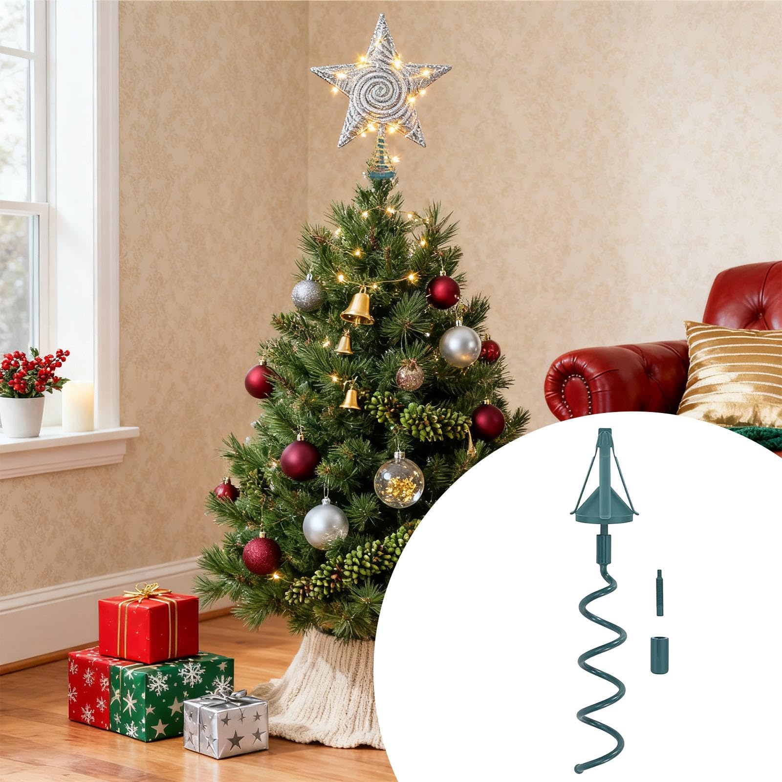F Fityle Supporto per Puntale Dell'albero Di Natale, 34 Cm Supporto Universale Girevole per Topper in Metal, Per Colonna, Spirale, Clip, Conica, Adatto a Tronchi D'albero Fino a 3.2 Cm Di Diametro
