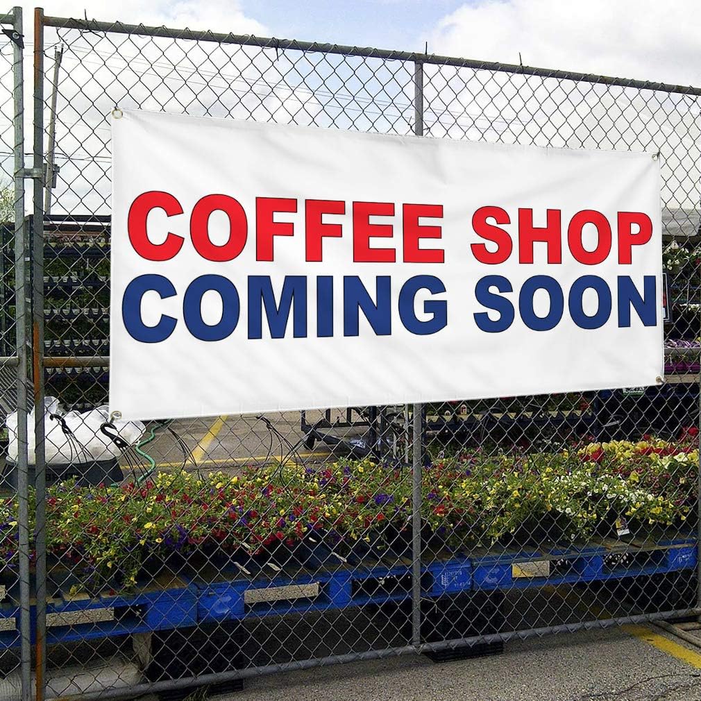 Vinyl Banner Multiple Sizes Coffee Shop Coming Soon Red Blue Food Bar Restaurant Truck Business Outdoor Weatherproof Industrial Yard Signs 4 Grommets 24x48Inches