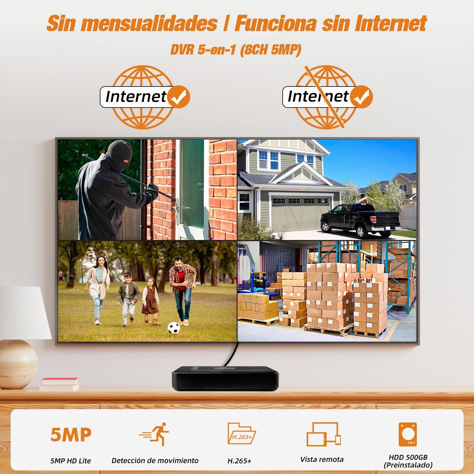 DVR de vigilancia 8 Canales H.265+ con Grabador de Video de Seguridad de 500 GB HDD, DVR híbrido 5 en 1 CCTV para cámaras IPC/AHD/TVI/XVI/CVI, DVR para Sistema de cámaras de Seguridad para el hogar