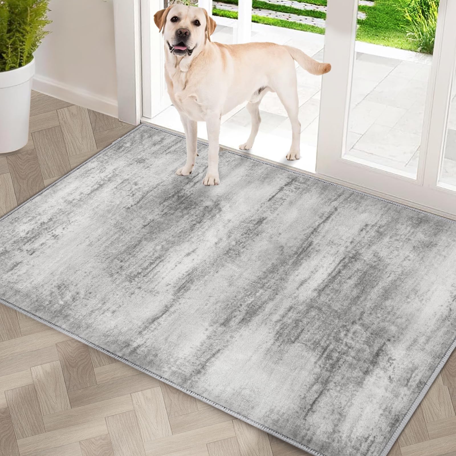 COMSLE Door Mat, Front Door Mat Indoor for Entrance Faux Wool Absorbent Non Slip Modern Throw Rug for Entryway Hallway Muddy Paws - Pet Friendly, 24x36 Inches,Linear Gray Machine Washable