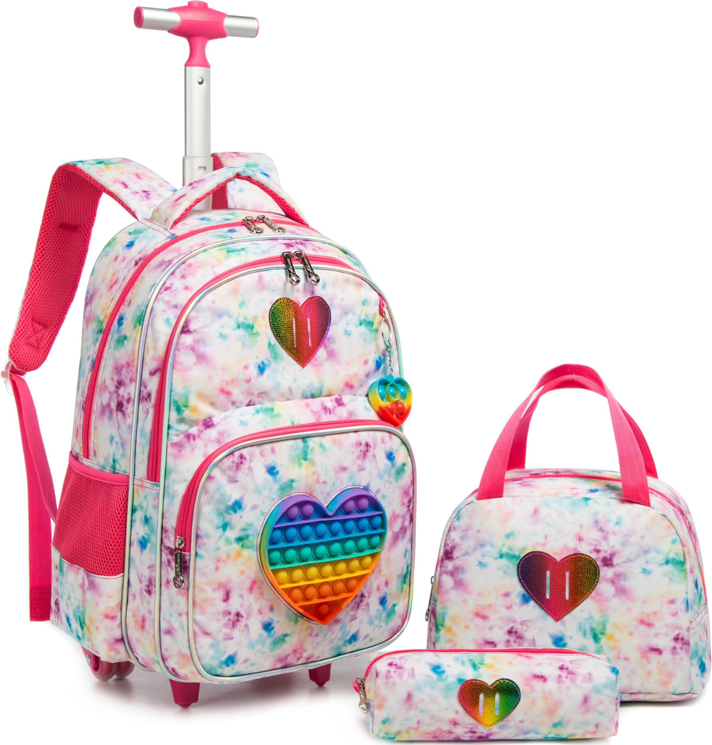Rolling Backpack for Girls Wheels Backpacks for Elementary Student Kids Wheeled Trolley Trip Luggage for Teen Girls with Lunch Box Pencil Case