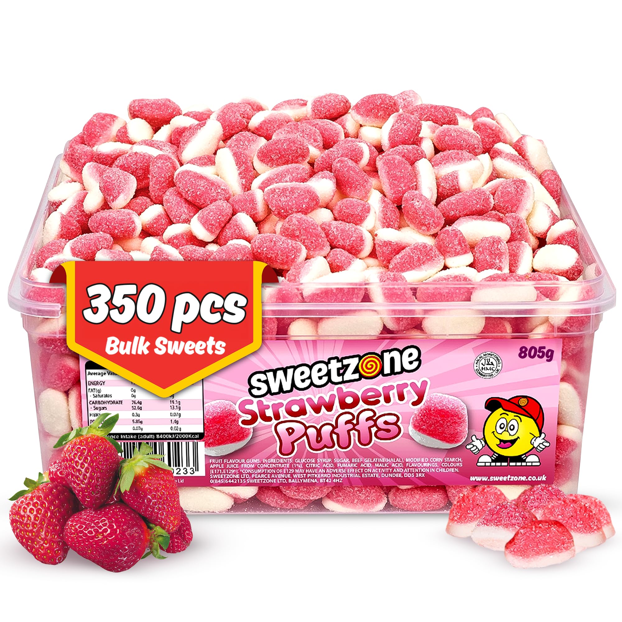 Sweetzone Strawberry Puffs Halal Sweet, Fizzy Fruity Gummies With Wine Gums, Bulk Sweet Sharing Multipack Tubs, Strawberries Gummy Chews, 805g, 350pcs, or Kids, Party Bags, Lunchbox Snacks, Treats UK