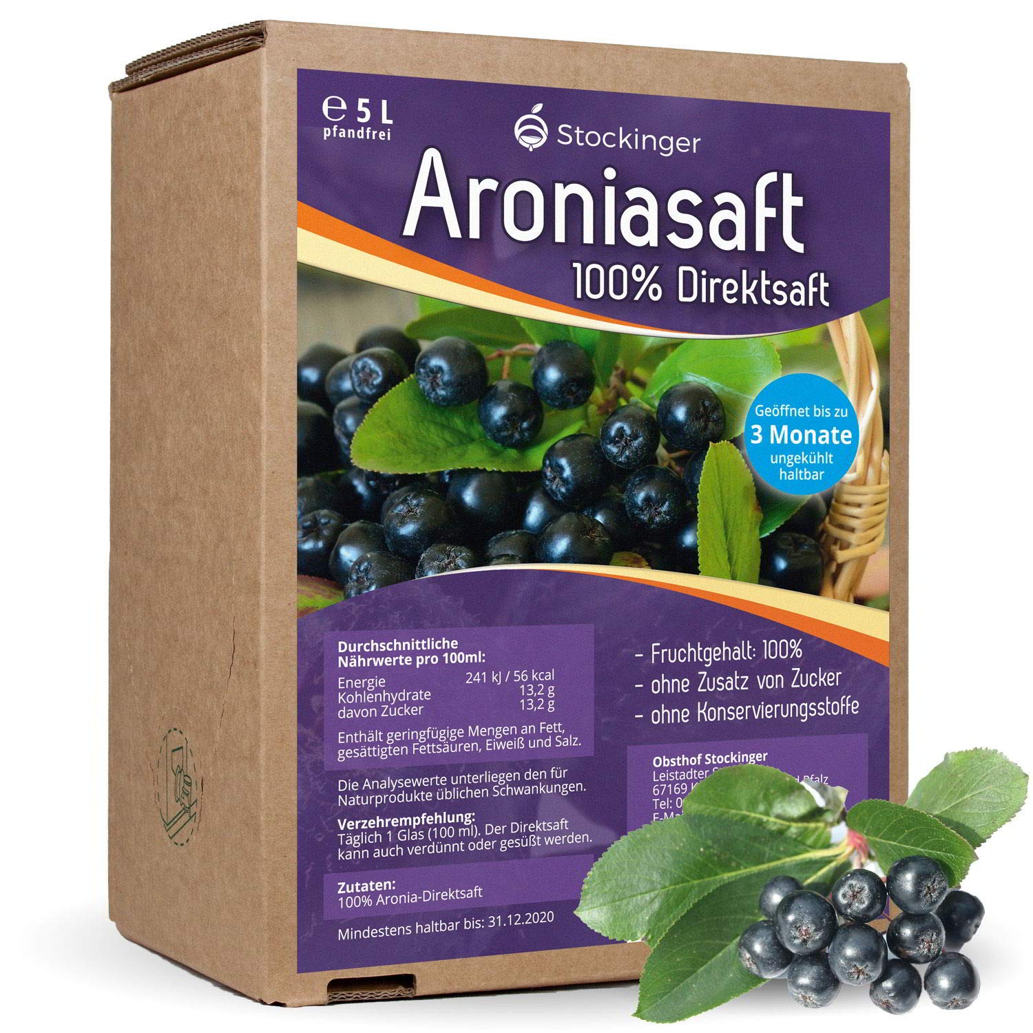2 x 5L Obsthof Stockinger Aroniasaft - Muttersaft Bag in Box Aronia - Direktsaft , Sparpaket