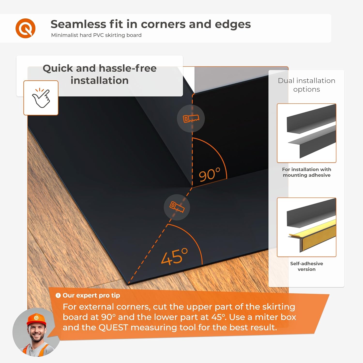 Quest 50 x 20 mm Rigid PVC Skirting Board, Minimalist Design, Moisture and UV Resistant, L-Shape, Easy Assembly, No Drilling Required, 200 cm, Grey