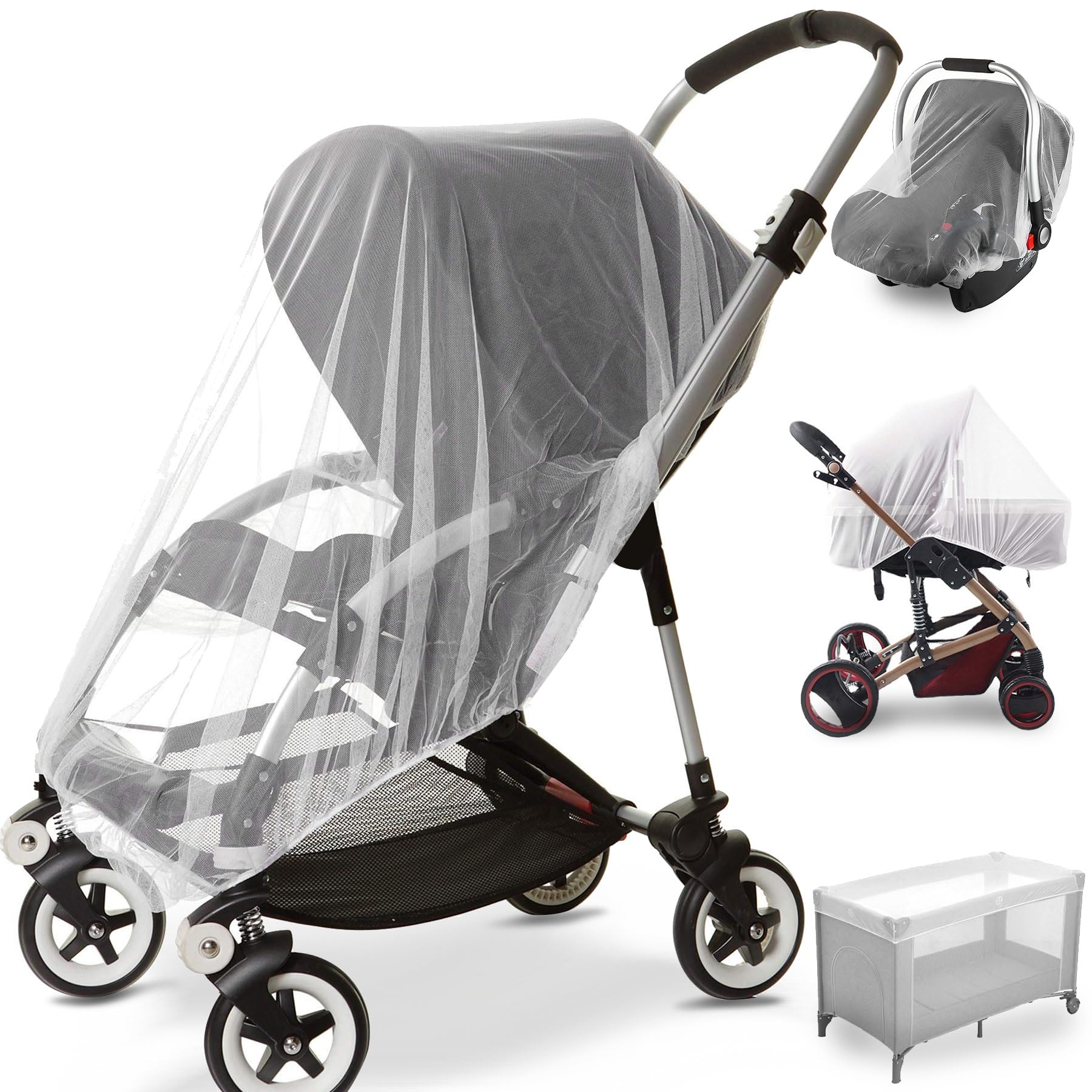 Durable Baby Stroller Mosquito Net (2 Pack) - Universal Elastic Edge Mesh Cover for Bassinets, Cradles, Playards, Car Seats & Mini Cribs | Breathable Travel Essential Newborn Protection (White)