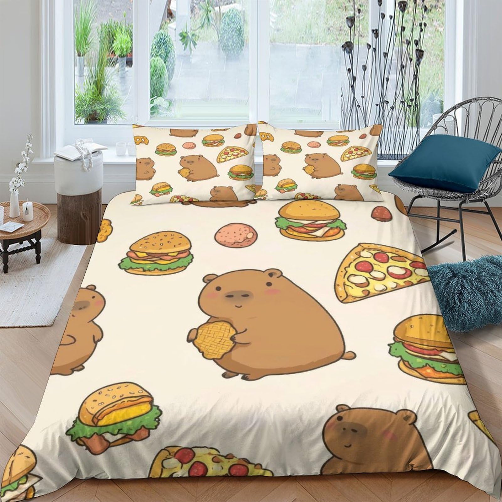Ctjqhvkz Style-3 3D Printed Cartoon Bear Fitted Sheet Microfiber Soft Food Pizza Burger Mattress Cover For Bedroom Dorm Easy Wash Decor Single（135X200cm）