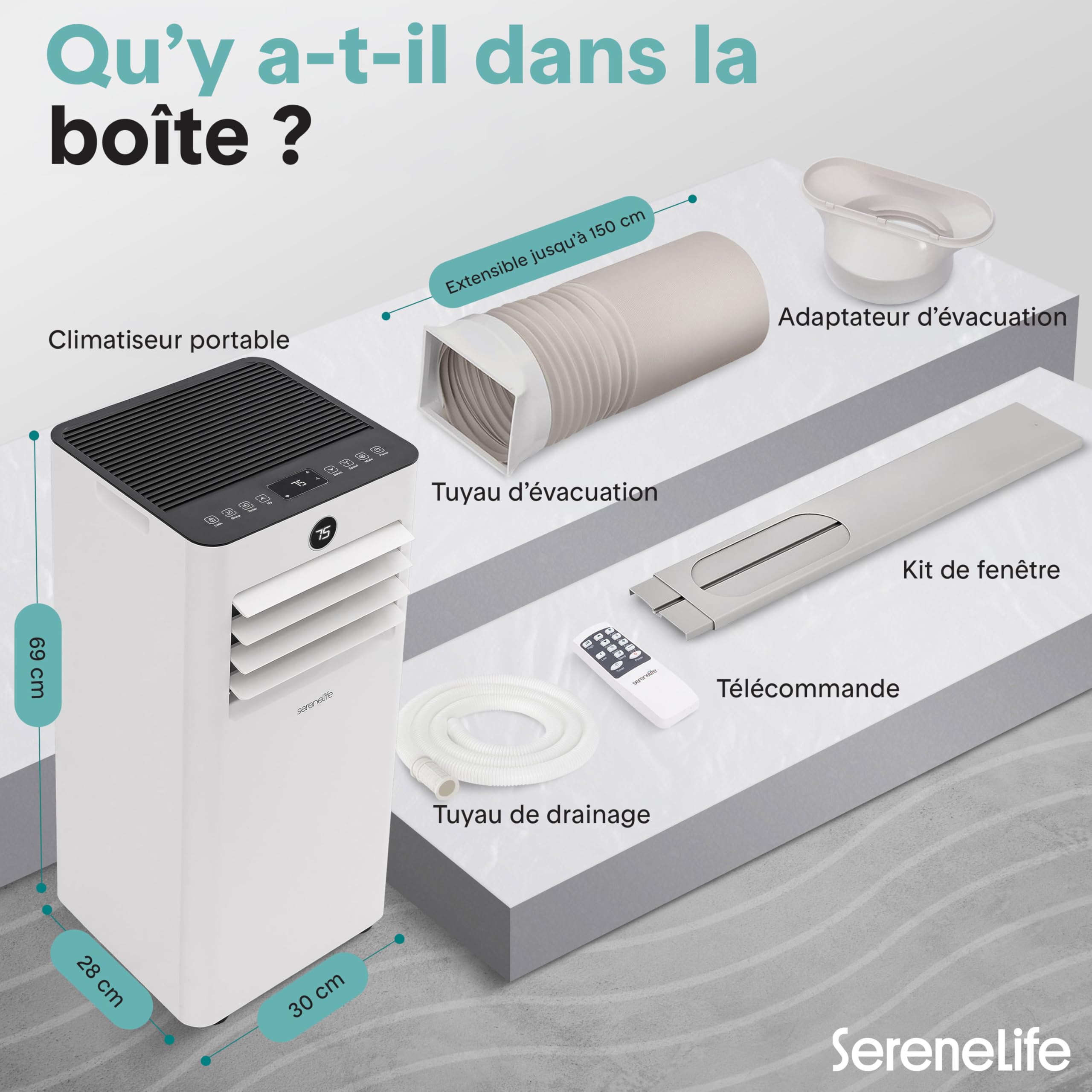 SereneLife Climatiseur Portable 9000 BTU WiFi, Climatiseur Mobile Compact avec Télécommande – Clim 3-en-1 Rafraichisseur d’Air Ventilateur, Kit Fenêtre pour Maison Bureau