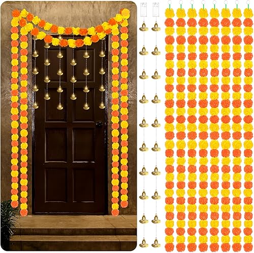 Yunsailing Diwali - Juego de 10 decoraciones para el Día de los Muertos, guirnalda de flores artificiales de caléndula de 5 pies y guirnalda de