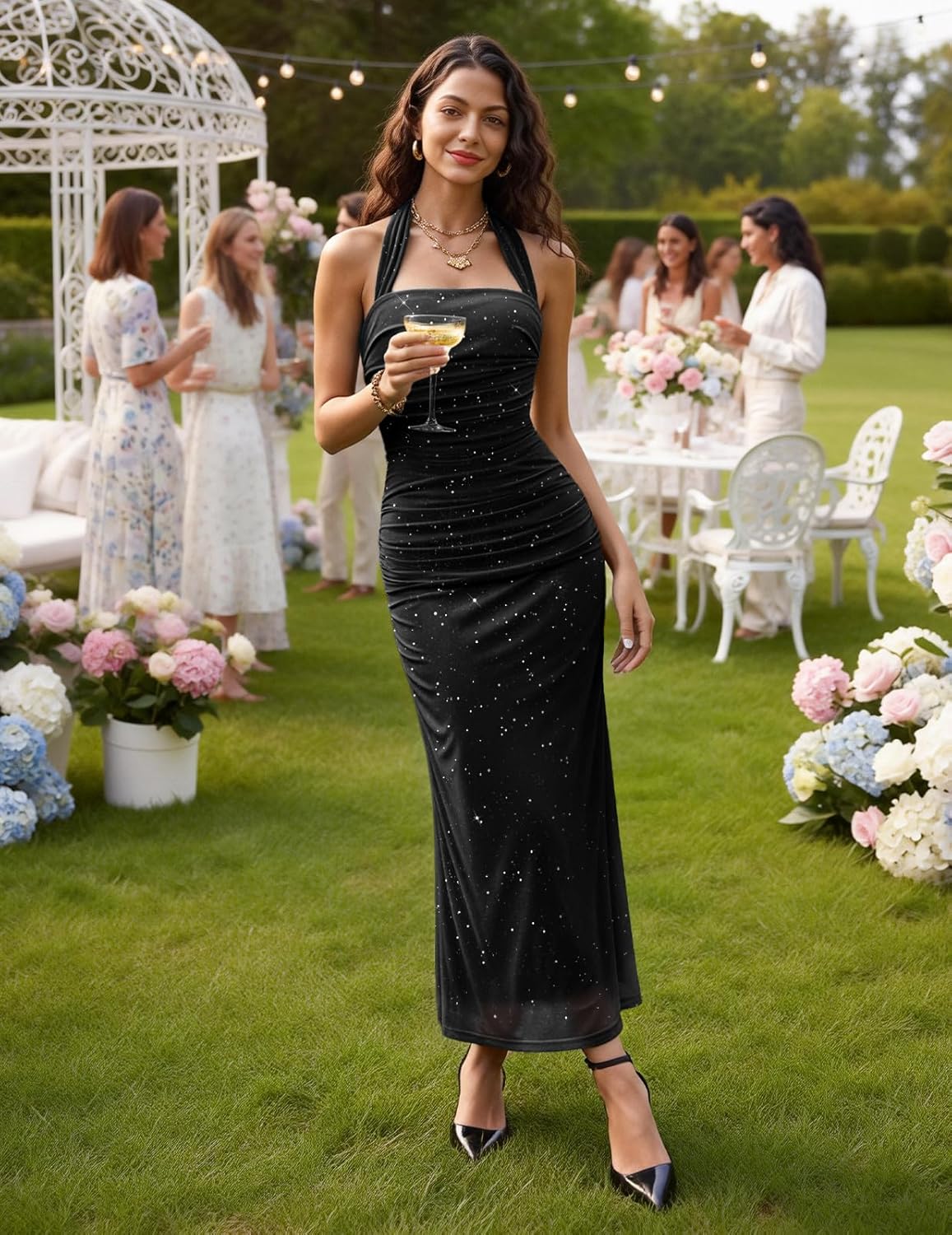 DRESSTELLS Women's Sparkly Formal Dress 2026, Halter Ruched Wedding Guest Dress, Sequin & Stretchy Mesh - Image 5