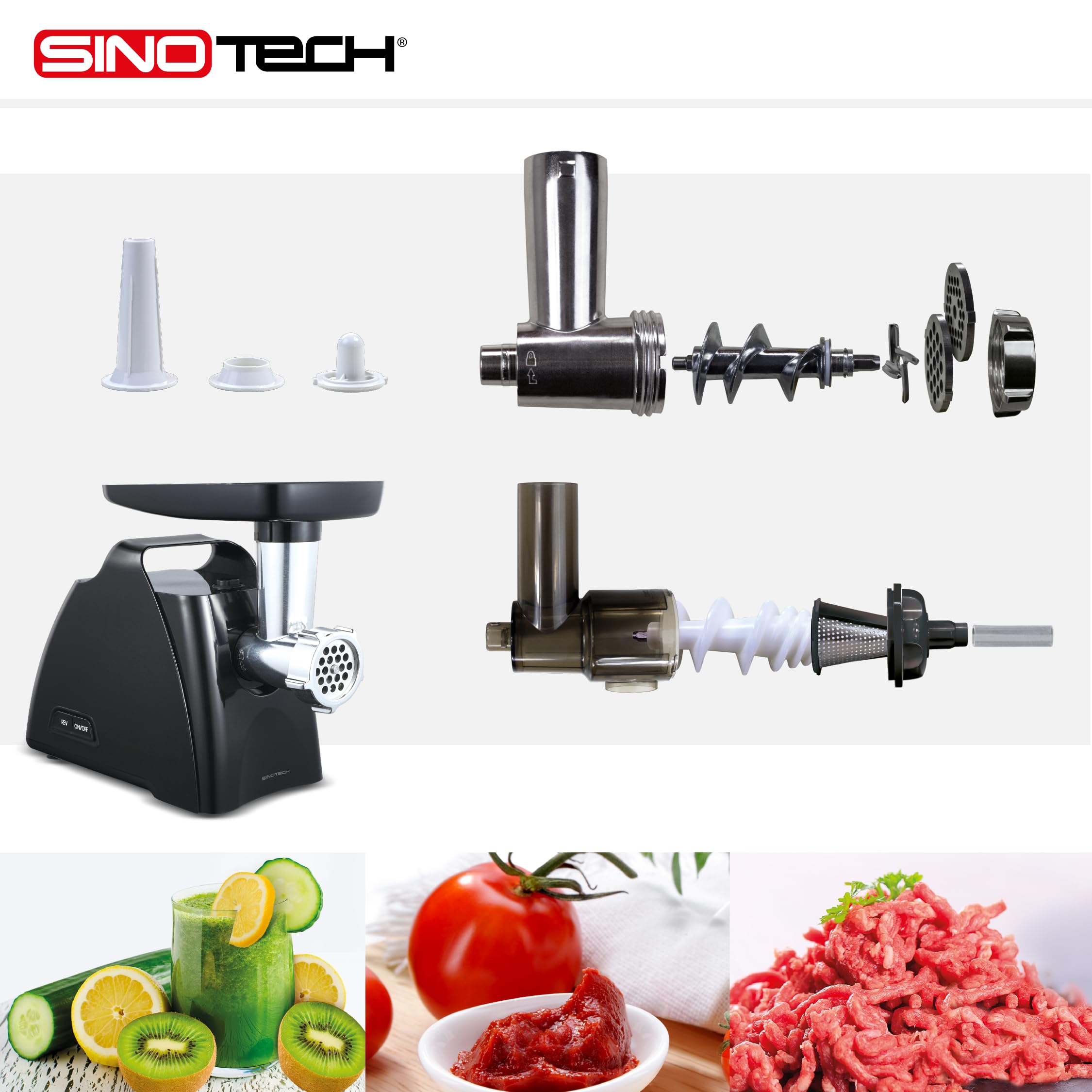 Tritacarne e Passapomodoro Elettrico, Multifunzione con Slow Juicer, Sistema di Sicurezza, Accessori per Salsicce e Kubbe, Filtro in Acciaio
