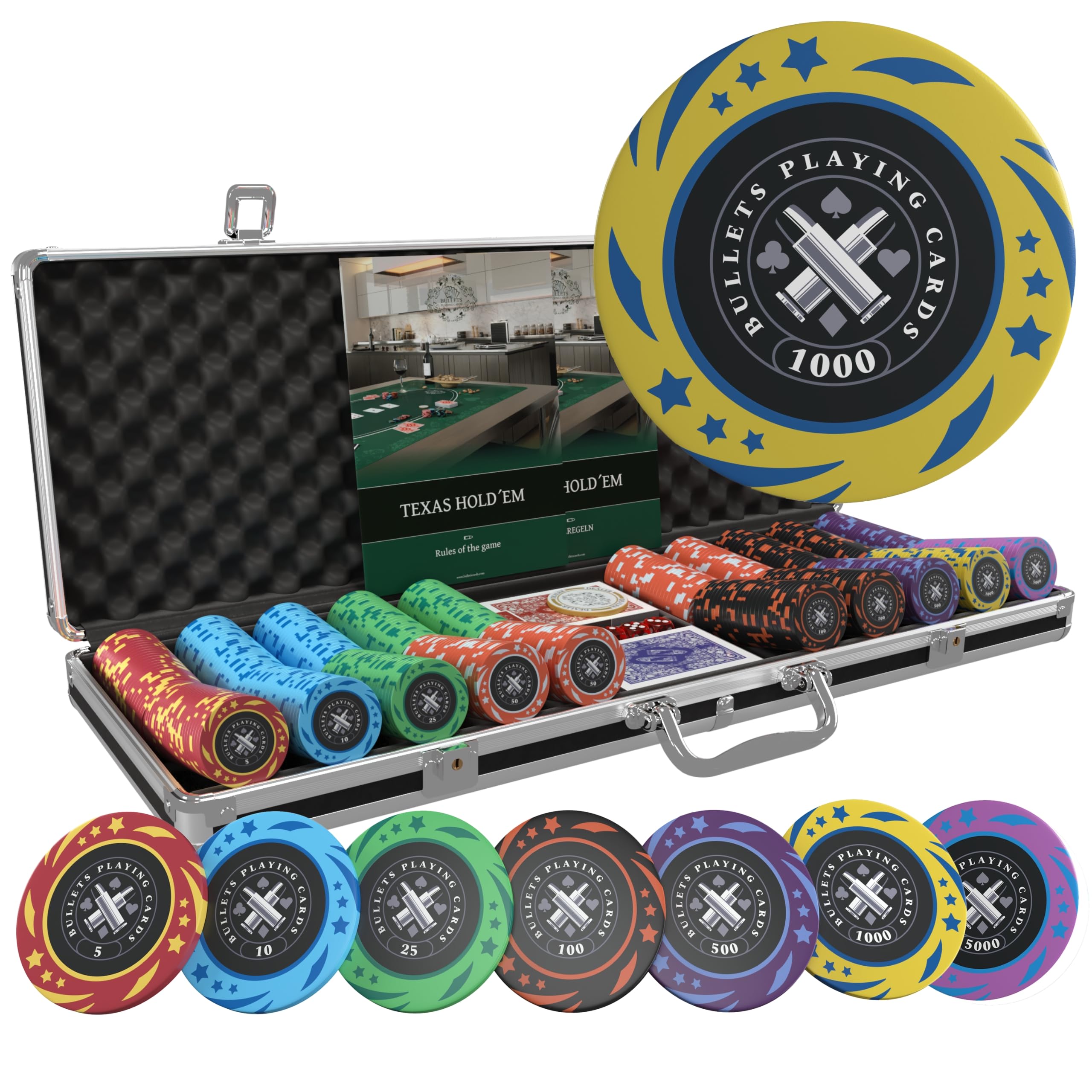 Bullets Playing Cards, Pokerset Janice, Pokerkoffer mit 500 Kunststoff Pokerchips mit Werten, inkl. Keramik Dealerbutton und Pokerkarten