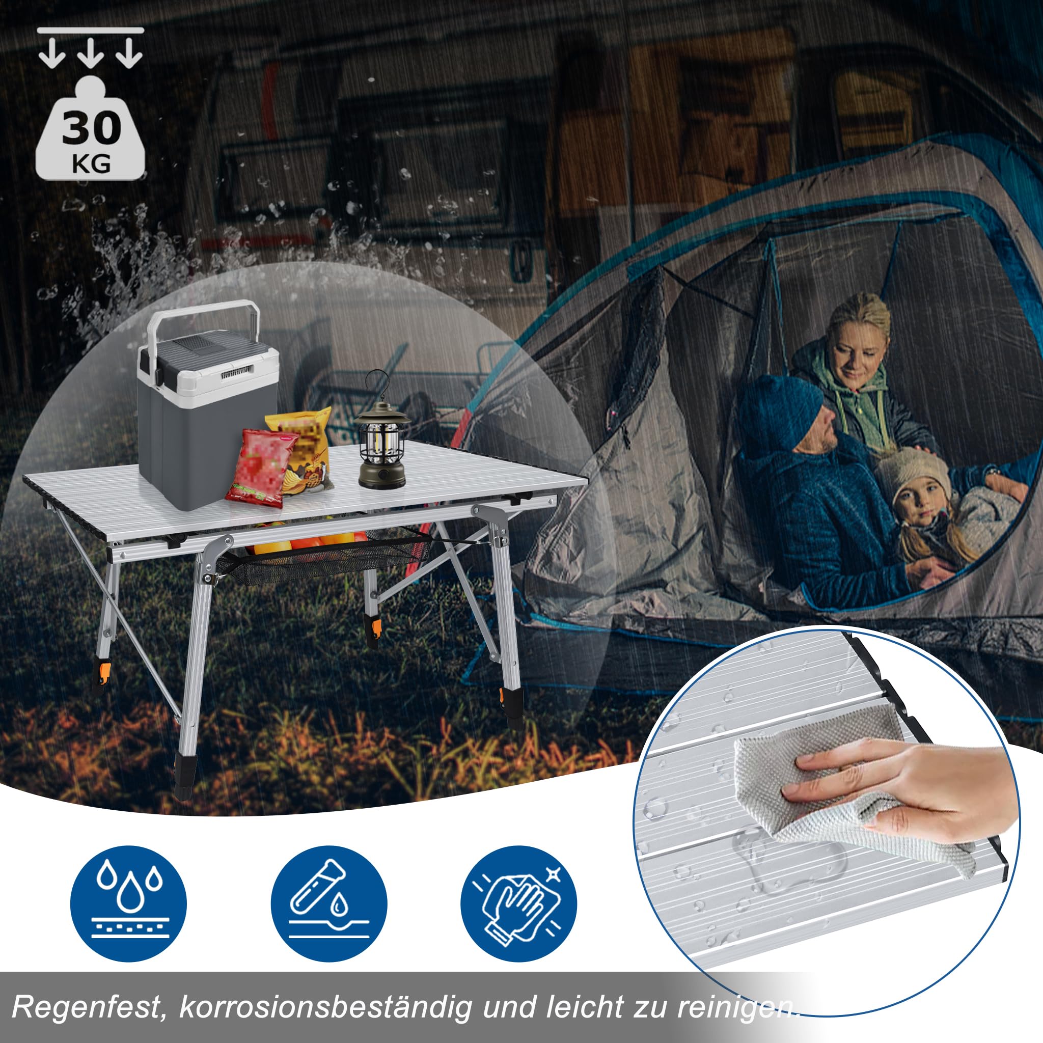 XMTECH Table de camping pliable en aluminium - Table de camping - Table de pique-nique - Table de voyage - Réglable en hauteur - Avec sac de rangement et sac de transport - 90 x 51,5 x 68 cm - Argenté