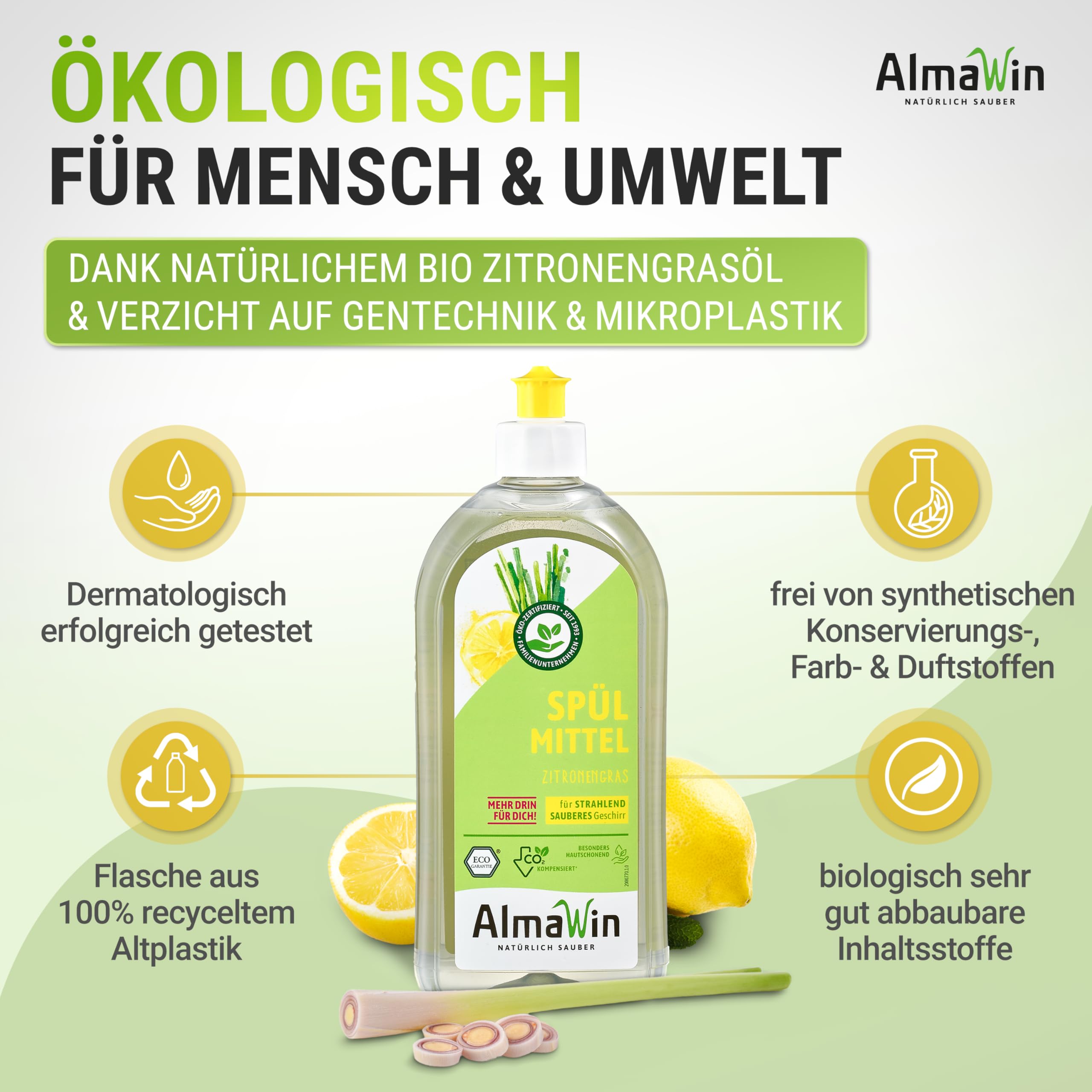 AlmaWin® Spülmittel Öko [10x 1L] mit Zitronengras-Duft - Kraftvolles Geschirrspülmittel flüssig mit hoher Fettlösekraft - Vegan Dish Soap - Biologisch abbaubares & ergiebiges Konzentrat