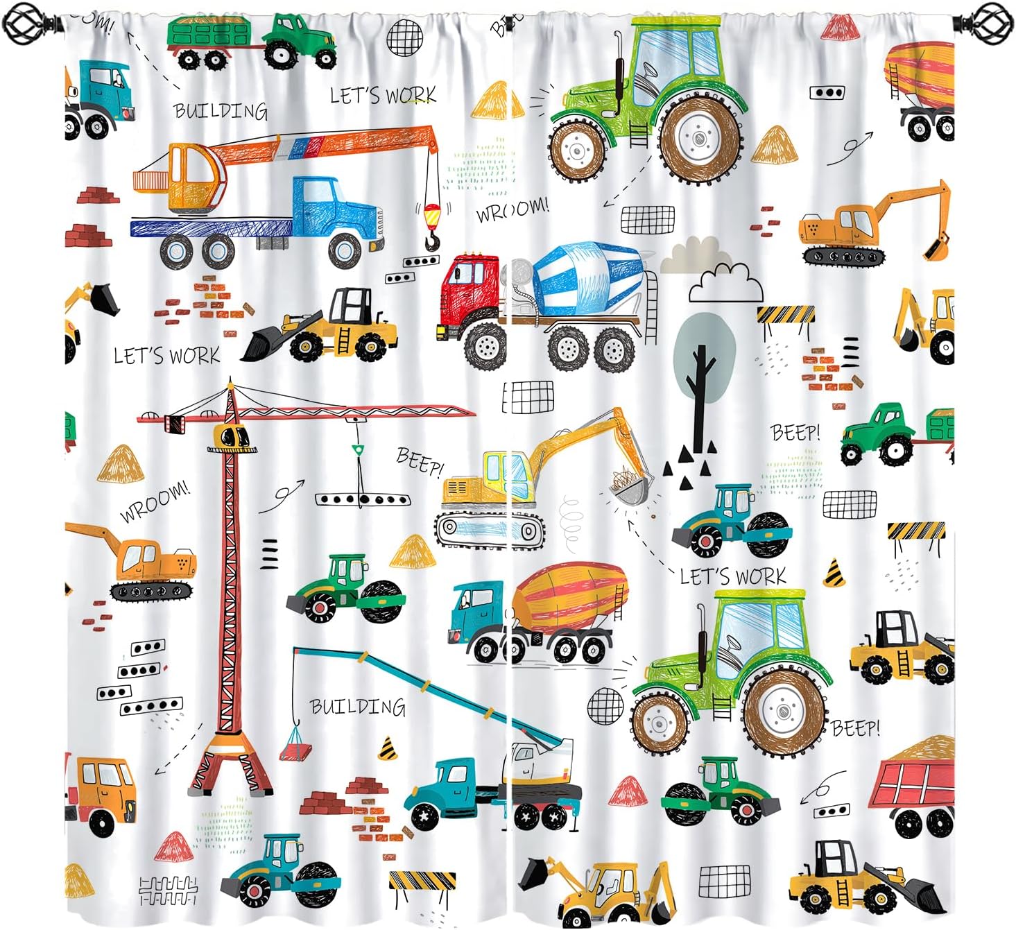 Excavator Blackout Window Curtain, Cartoon Tractor Machinery Trucks Window Treatment Curtain for Kids Boys Bedroom Living Room Nursery 42" W X 45" L