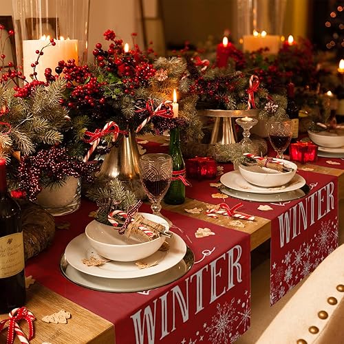 Miniatura 4 de Hello Winter Cotton Linen Small Table Runner 13 x 48 inch Non-Slip Rectangular Dining Table Decor for Wedding Party Holiday Dinner Christmas