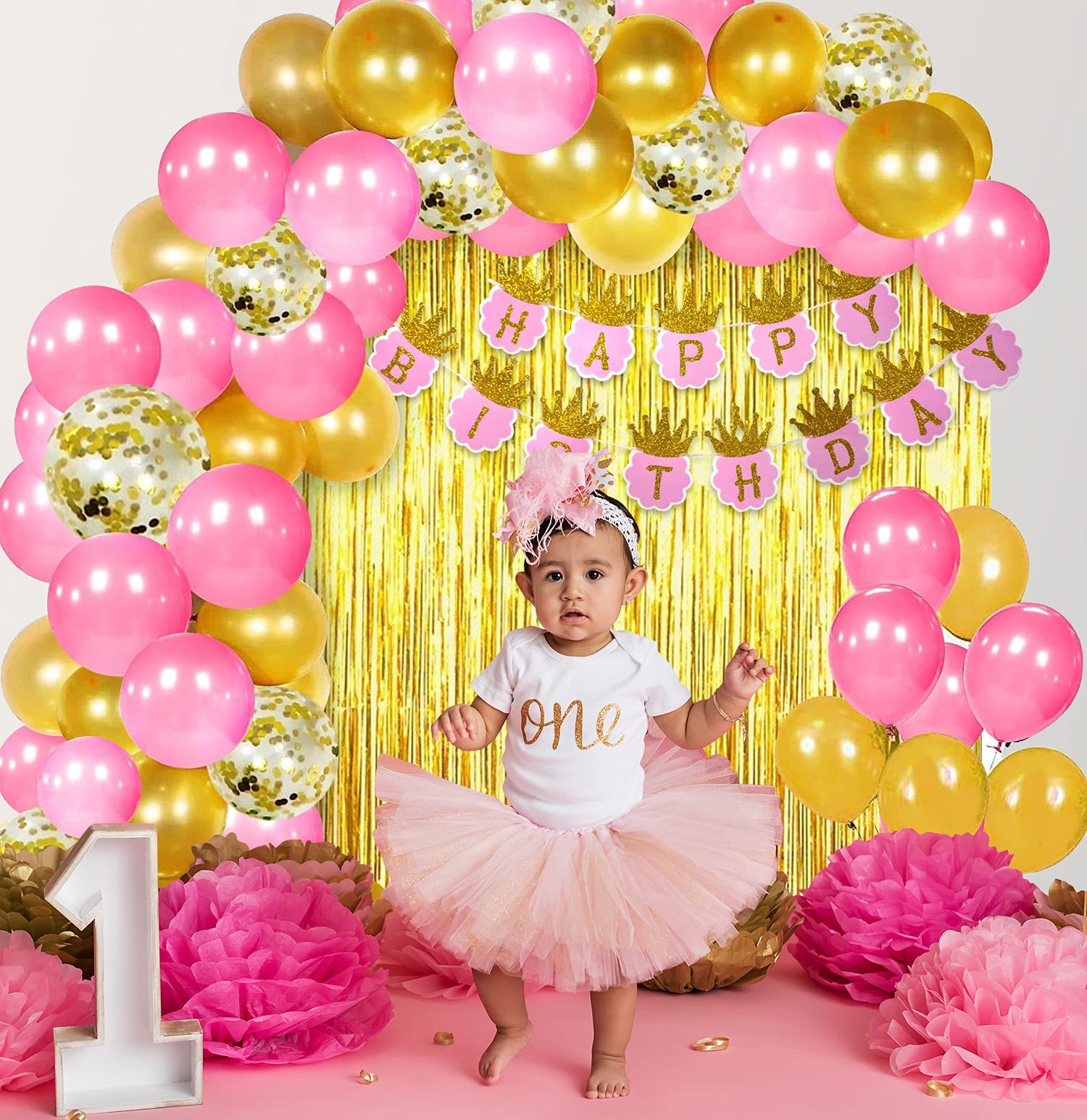 Party Propz Pink Happy Birthday Decoration Kit for Girls 46pcs Combo Banner (cardstock) Golden Foil Curtain Balloon Metallic Confetti Girls Birthday Decoration Items/Kids Birthday Decoration Items 3