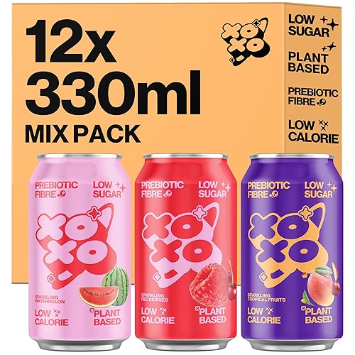 XOXO Prebiotic Soda Bundle (12 x 330ml Cans) | Red Berries, Tropical, Watermelon | Refreshing Sparkling Prebiotic Drink With 6g of Plant-based Prebiotic Fibre |Low Sugar & Low Calorie | High in Fibre - Mix Pack - 330 ml (Pack of 12)