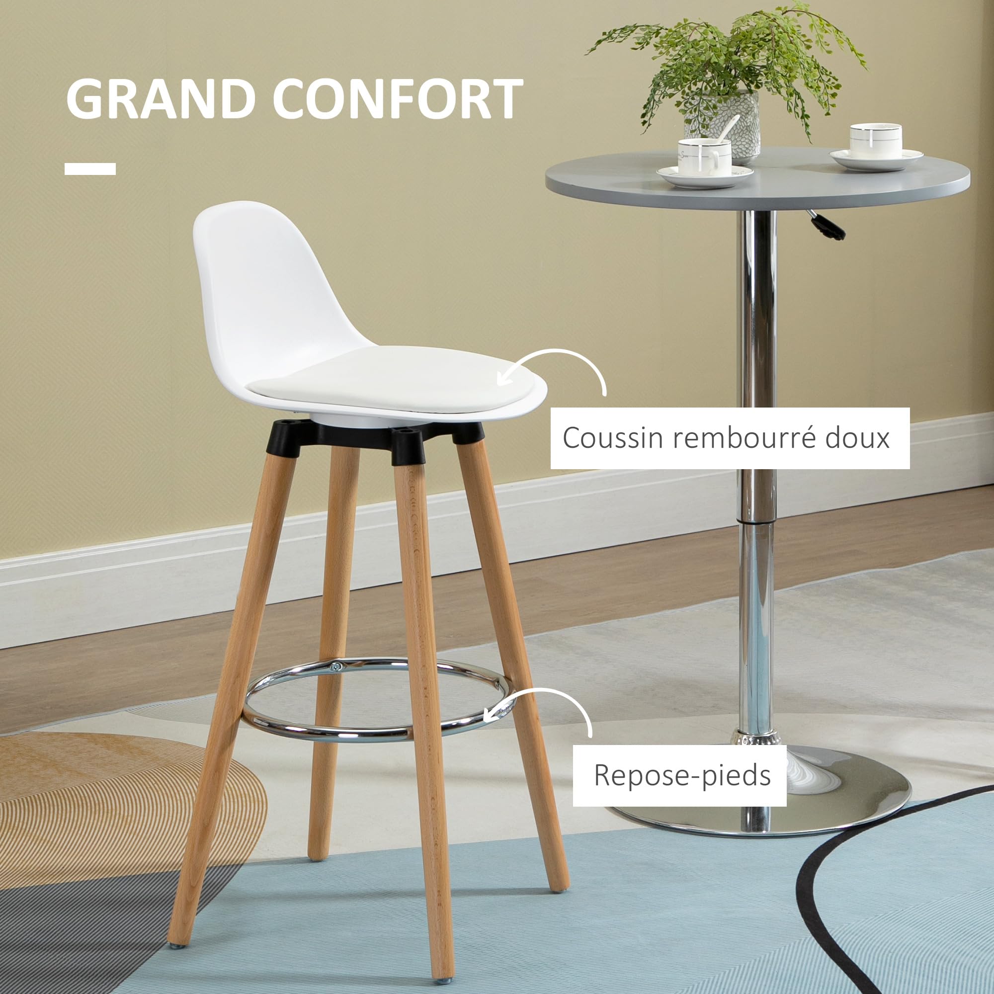 HOMCOM Lot de 4 Tabourets de Bar Style Scandinave Hauteur 70 cm Blanc