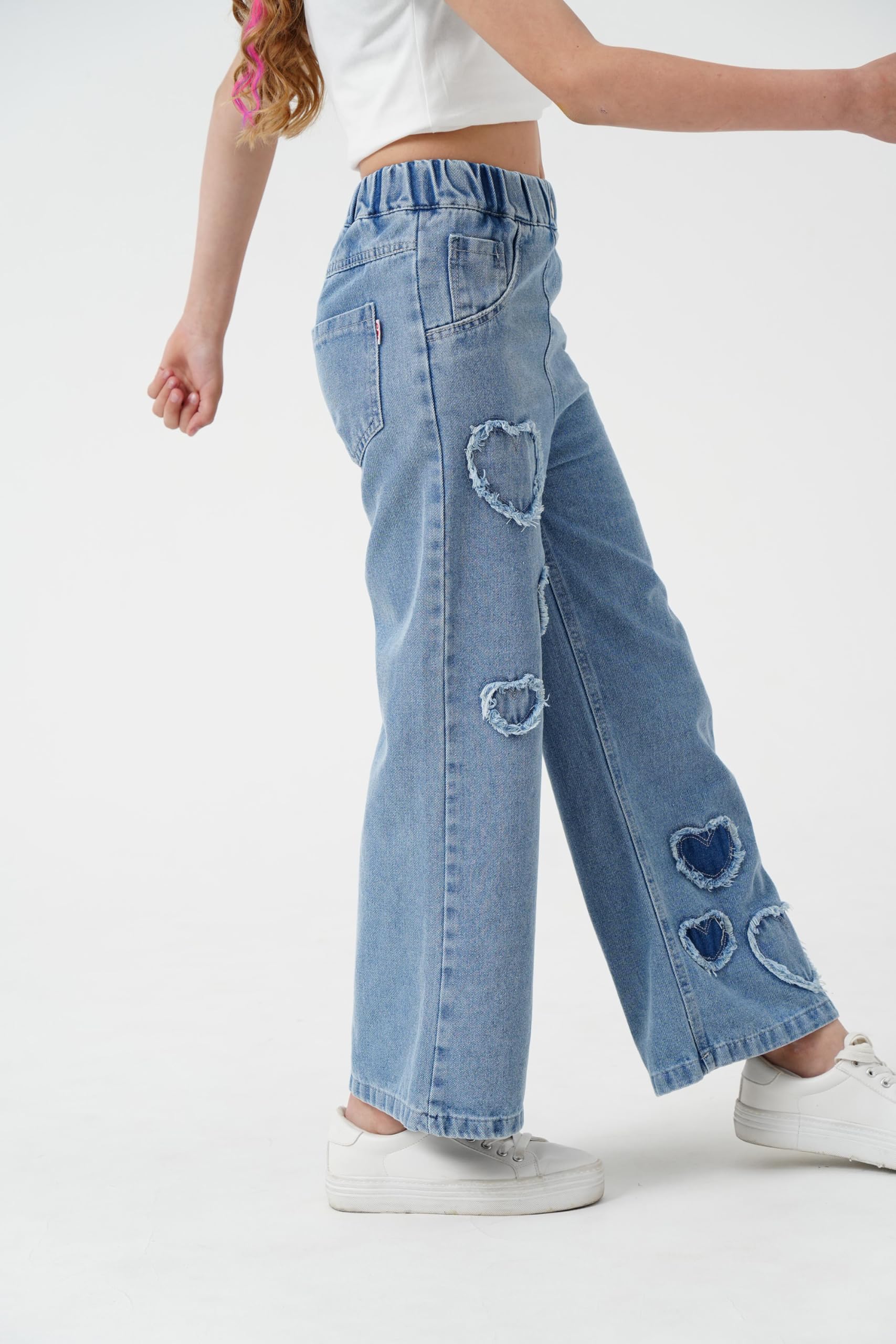 AOWKULAE Pantalones de mezclilla para niñas de 4 a 14 años con cintura elástica y pierna ancha