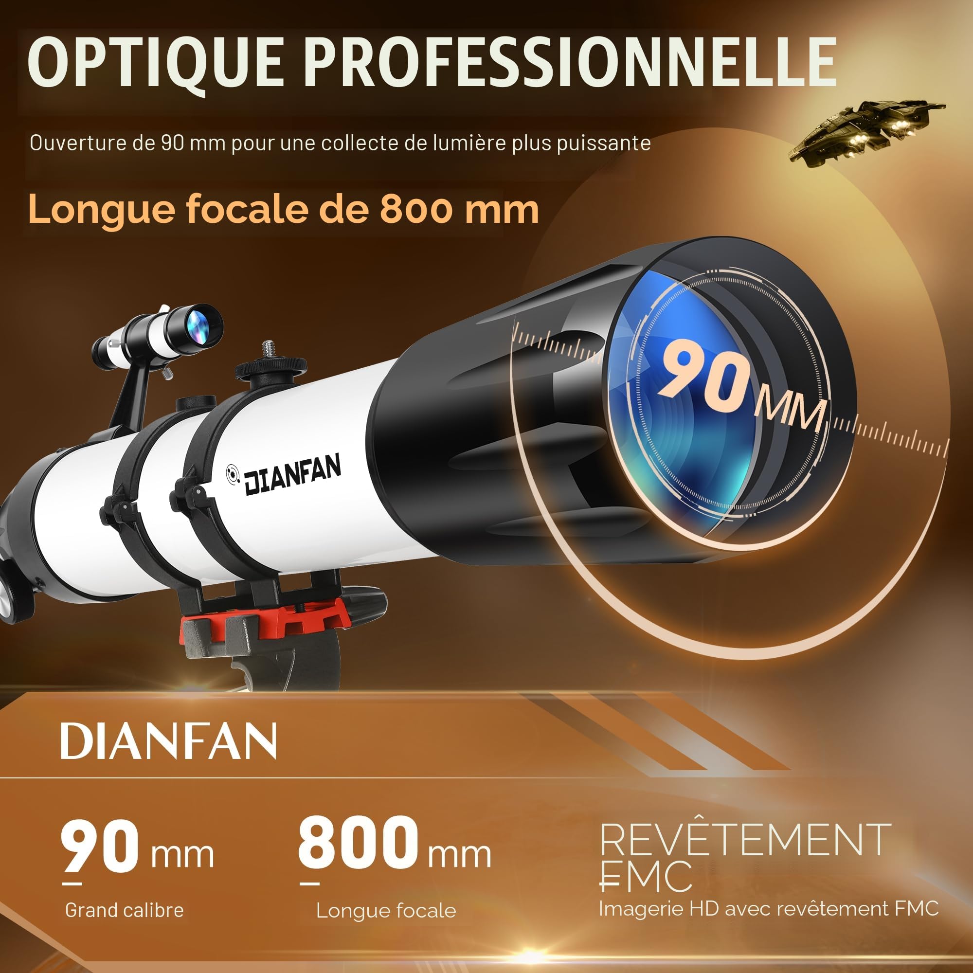 Dianfan Télescope,90 mm Ouverture 800 Telescope Astronomique Adulte,32X-240X Portable Réfracteur Télescopes pour Enfants et Débutants avec Adaptateur, Monture AZ et Trépied en INOX,Sac de Transport