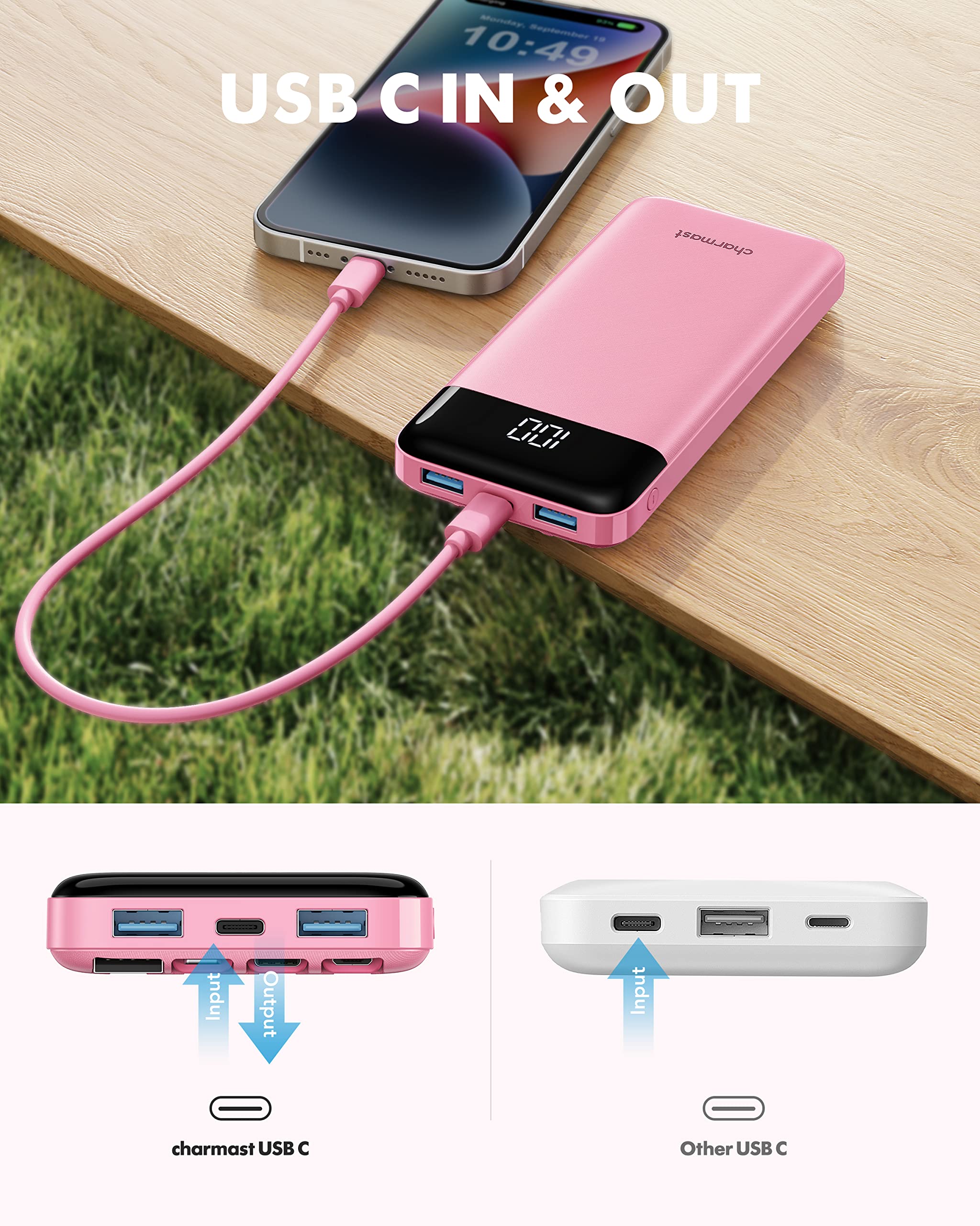 Charmast Batterie Externe 10000mAh avec 4 Câbles Intégrés Batterie Portable USB C Mince Power Bank avec 6 Sorties et 3 Entrées pour iPhone 12 13 11 Samsung S21 S22(Rose)