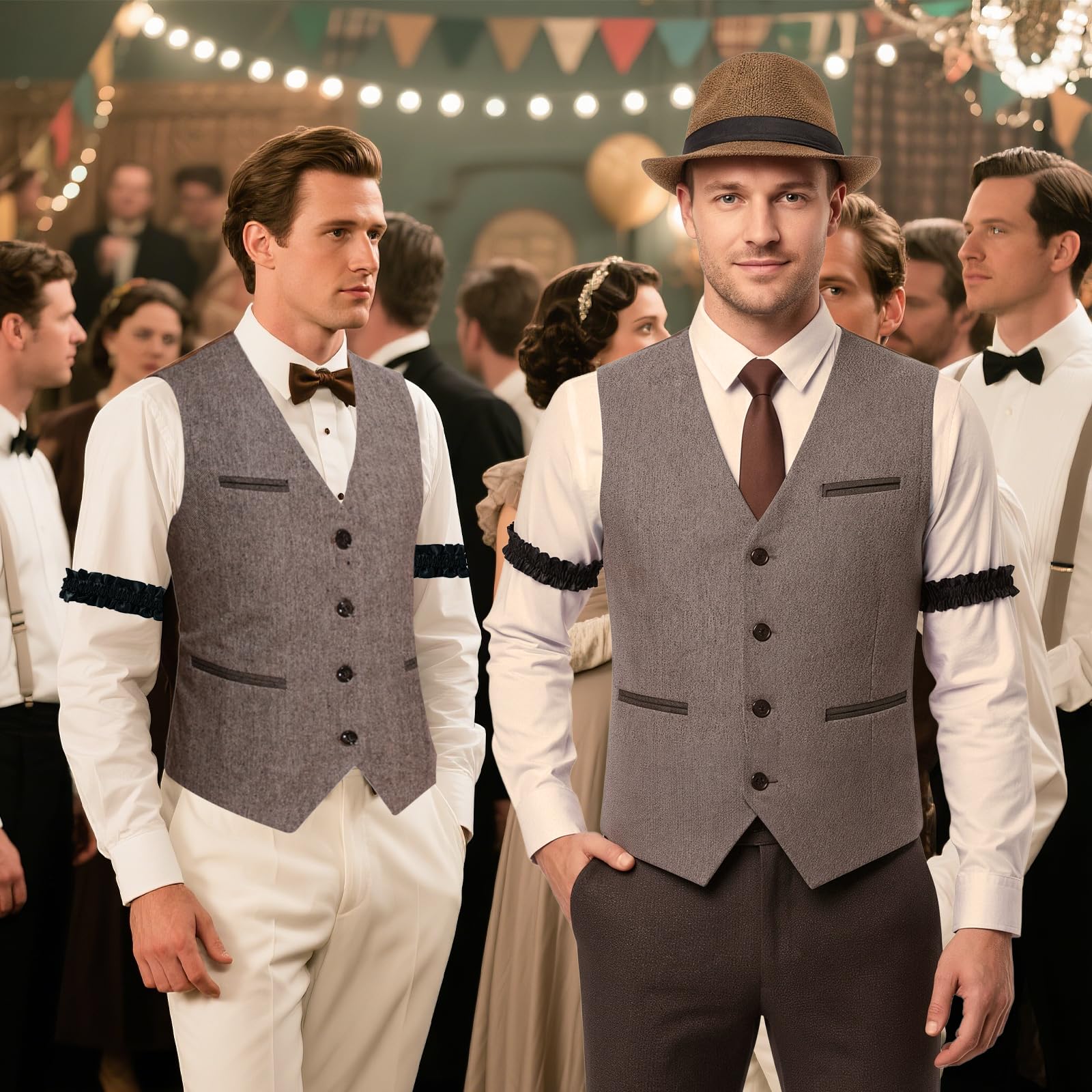 Xerteam Costume des années 20 pour homme, costume des années 20 pour homme, gangster, tenue des années 1920 avec chapeau, gilet marron, cravate, nœud papillon, montre de poche, 6 moustaches