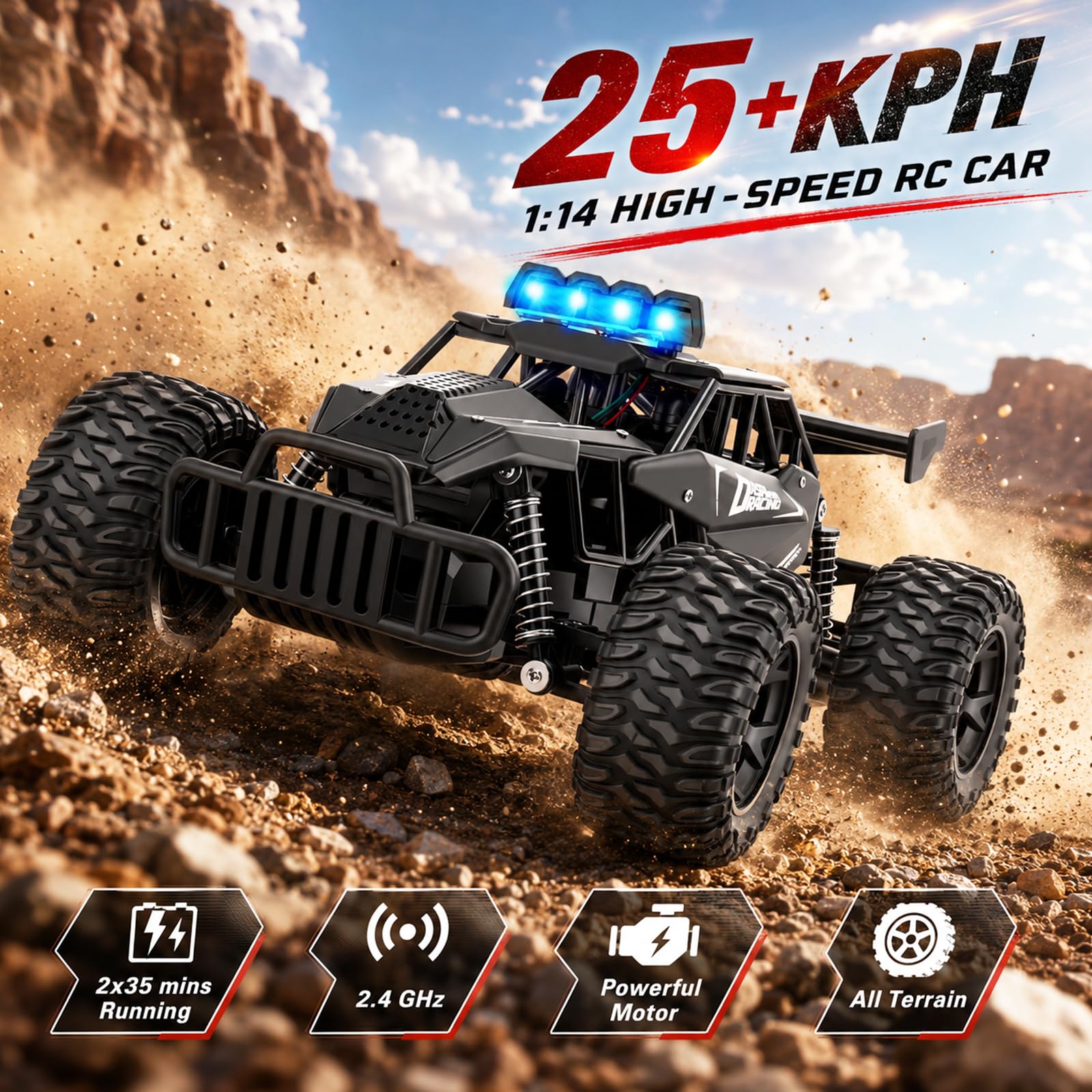 Coche teledirigido Offroad escala 1:12, 500 mAh RC Auto 20-25 km/h con 2 baterías y 50 min de tiempo de reproducción, todo terreno Monster Truck con mando a distancia de 2,4 GHz, juguete para niños a