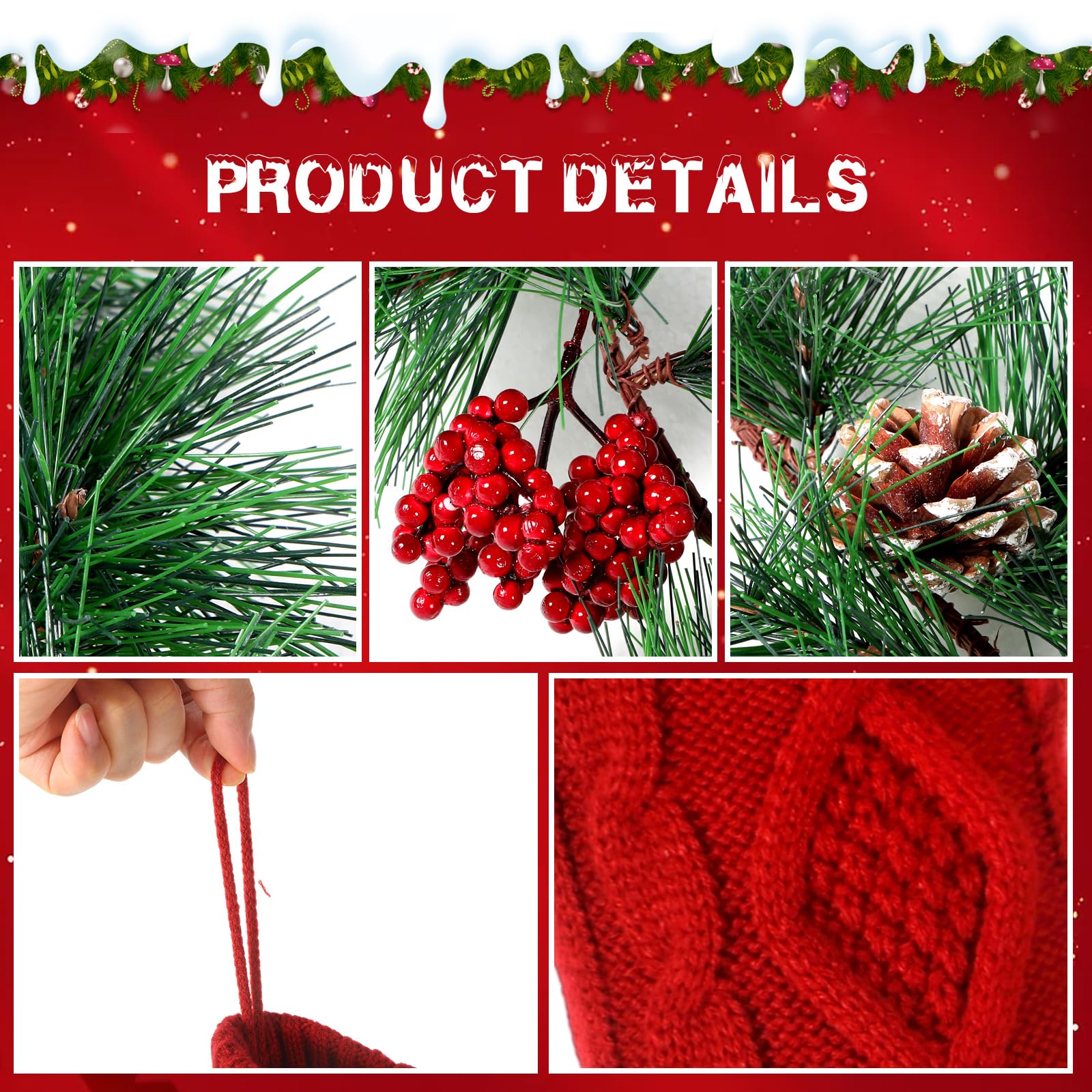 Shappy 6 Stück gestrickte Weihnachtsstrümpfe mit 1,8 m künstlicher Weihnachtsgirlande mit roten Beeren Tannenzapfen Weihnachtsdekoration für Familie Urlaub Xmas Party Kamin Kaminsims Stairecase Indoor