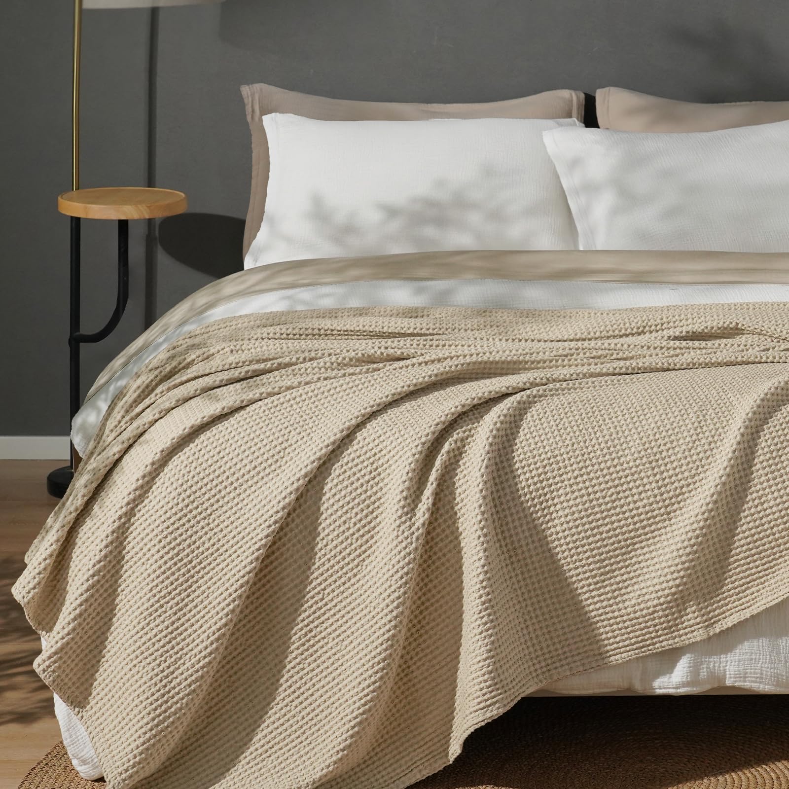 100% Cotton Waffle Weave Blanket Queen Size for Bed,Snag Proof Lightweight Breathable Throw for Couch,Great for Layering in Cold Weather,Machine Washable, Home Decor Gift-Khaki/Simply Taupe