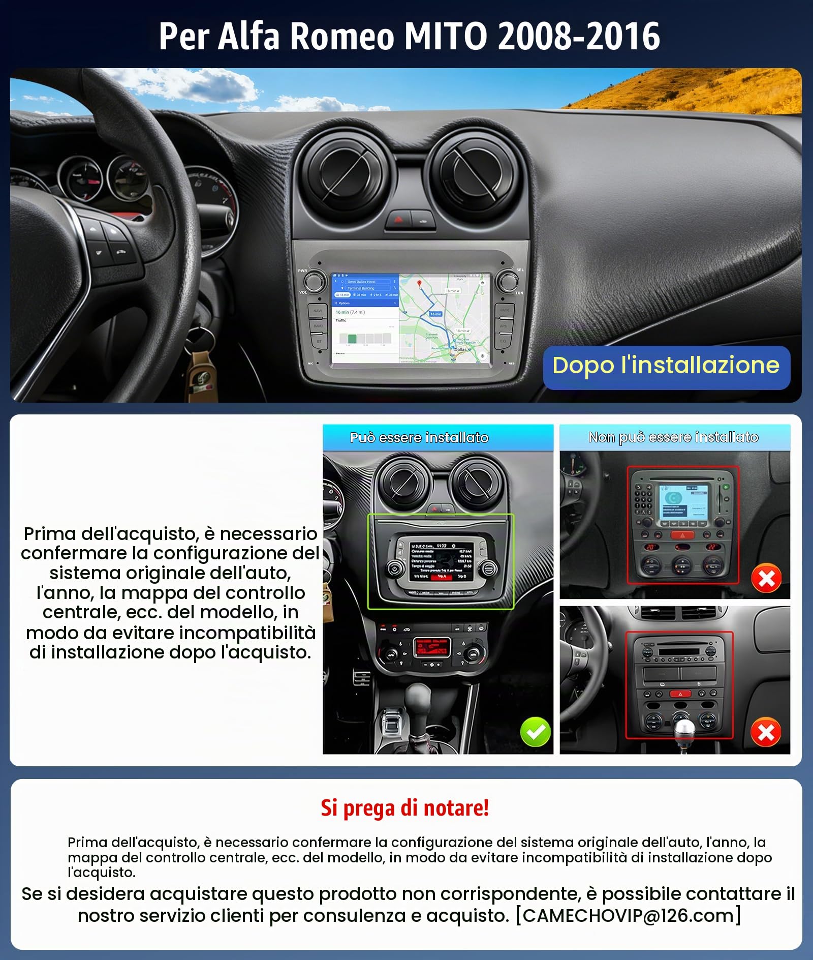 CAMECHO [4+64G] Android 15 Carplay Autoradio per Alfa Romeo MITO 2008-2016, Wireless Carplay Android Auto Nav, 7 Pollici 2 Din Stereo con Bluetooth WiFi FM/RDS Mirror Link EQ GPS +Canbus