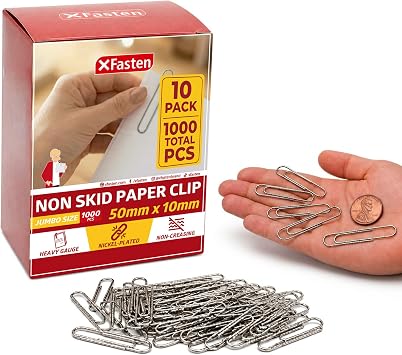 XFasten Non-Skid Jumbo Paper Clips, 2 in 51mm, Jumbo Large Paper Clips, Deep-Ridged Grip, Anti-Rust Nickel-Plated Carbon Steel, Paper-Safe and Reusable, 1000-Pack, 10 Boxes of 100, Silver