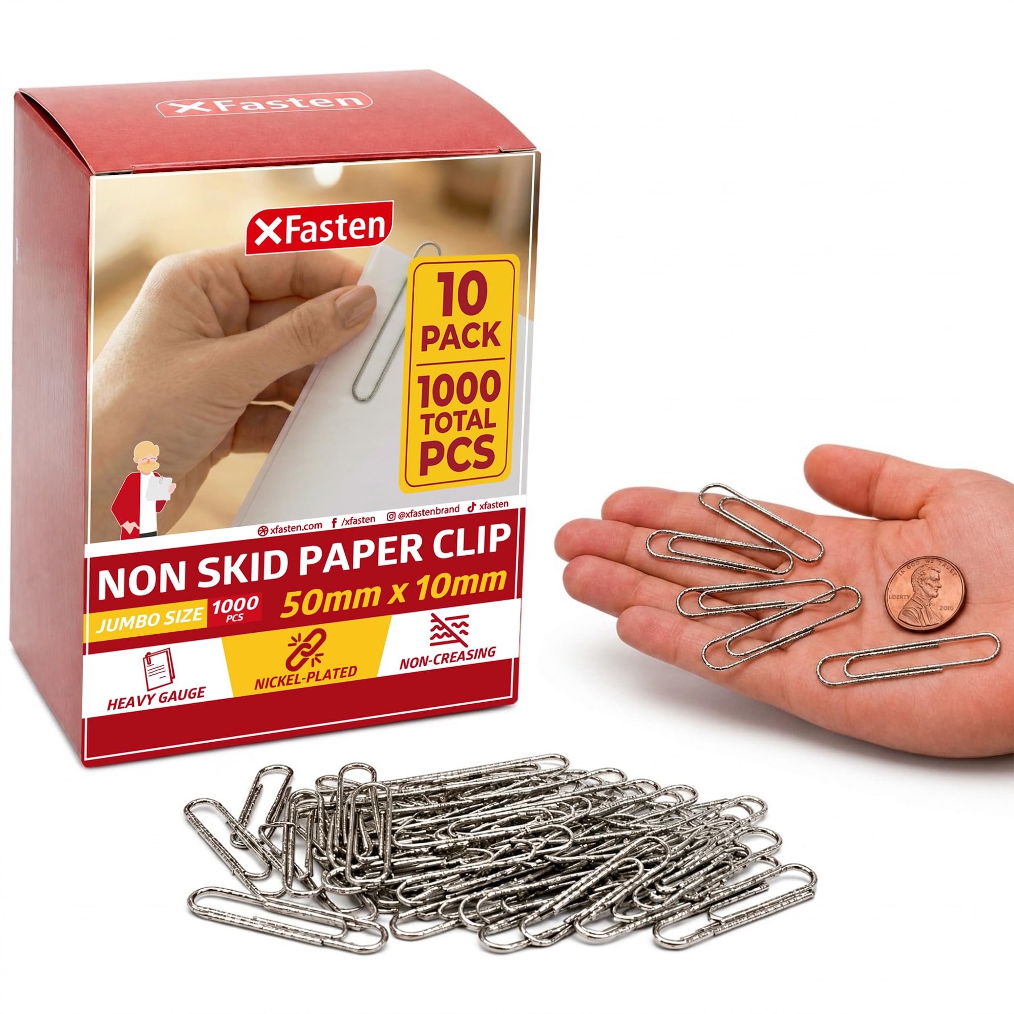 XFasten Non-Skid Jumbo Paper Clips, 2 in (51mm), Jumbo Large Paper Clips, Deep-Ridged Grip, Anti-Rust Nickel-Plated Carbon Steel, Paper-Safe and Reusable, 1000-Pack, 10 Boxes of 100, Silver