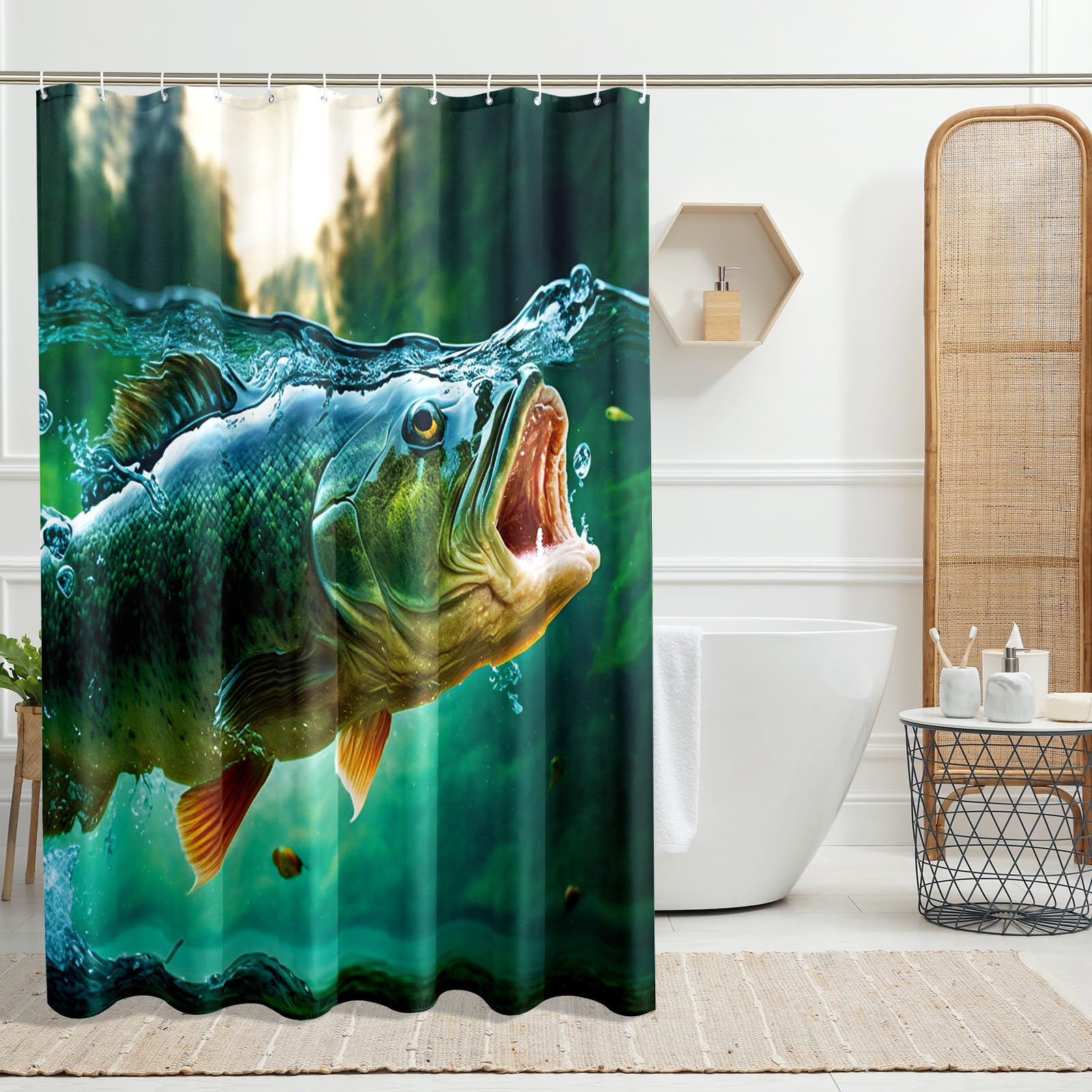 GDHBLING bass Fishing Shower Curtain Fish Men Natural Animal Shower Curtain Set with Hooks Cloth Fabric Water Resistant Weighted Decorative,Turquoise,72x72 Inch : Home & Kitchen