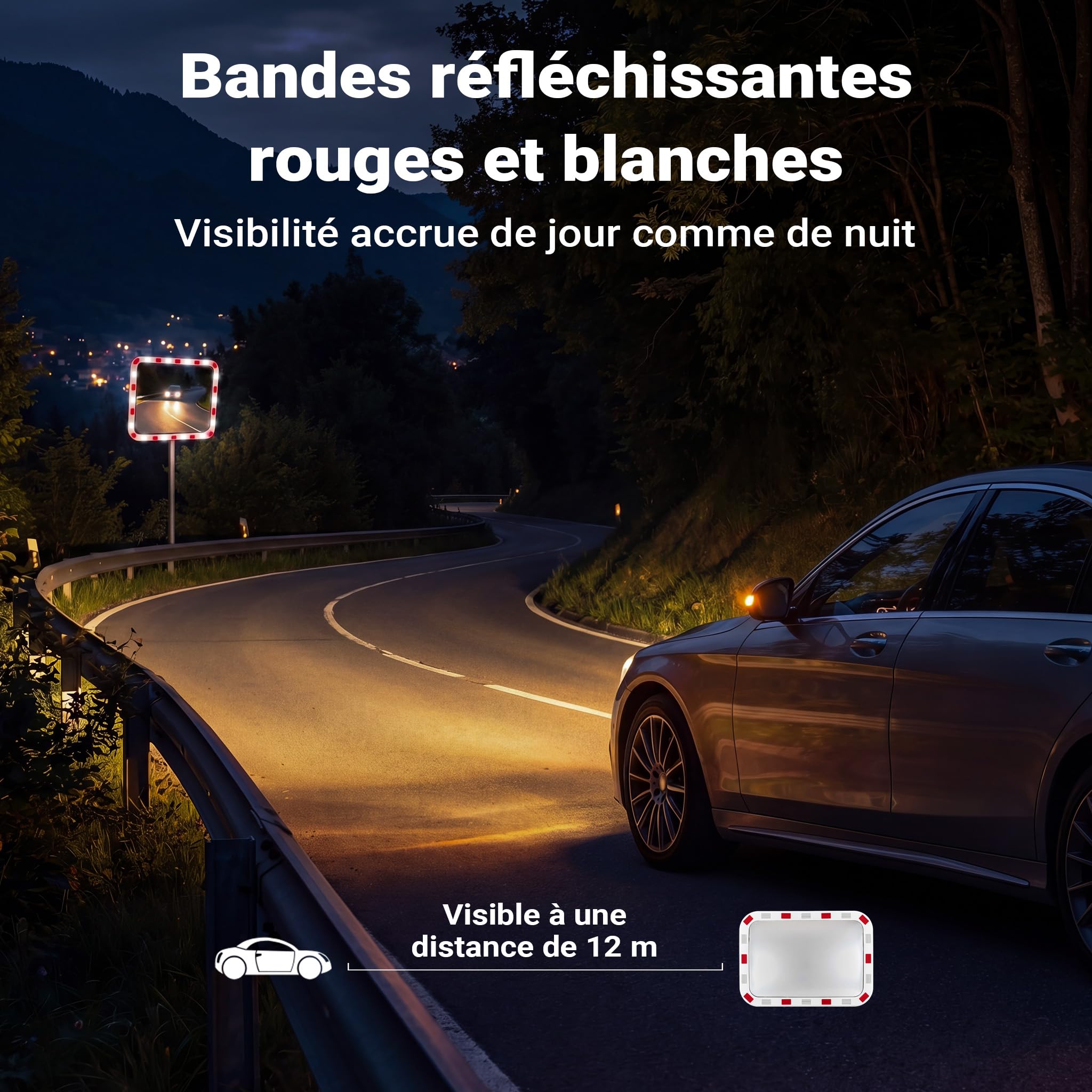 Wiltec Miroir routier convexe de circulation 50 x 70 cm Champ de vision de 130°-130° Bandes réfléchissantes Blanc-rouge Sécurité routière Outdoor Indoor Polycarbonate solide Surveillance Rue Magasin