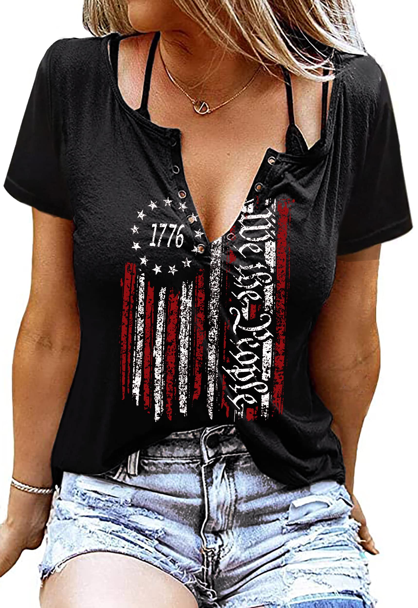 American Flag Shirt Tops Womens 4th of July T-Shirts Ring Hole Short Sleeve Sexy V-Neck Patriotic Tees
