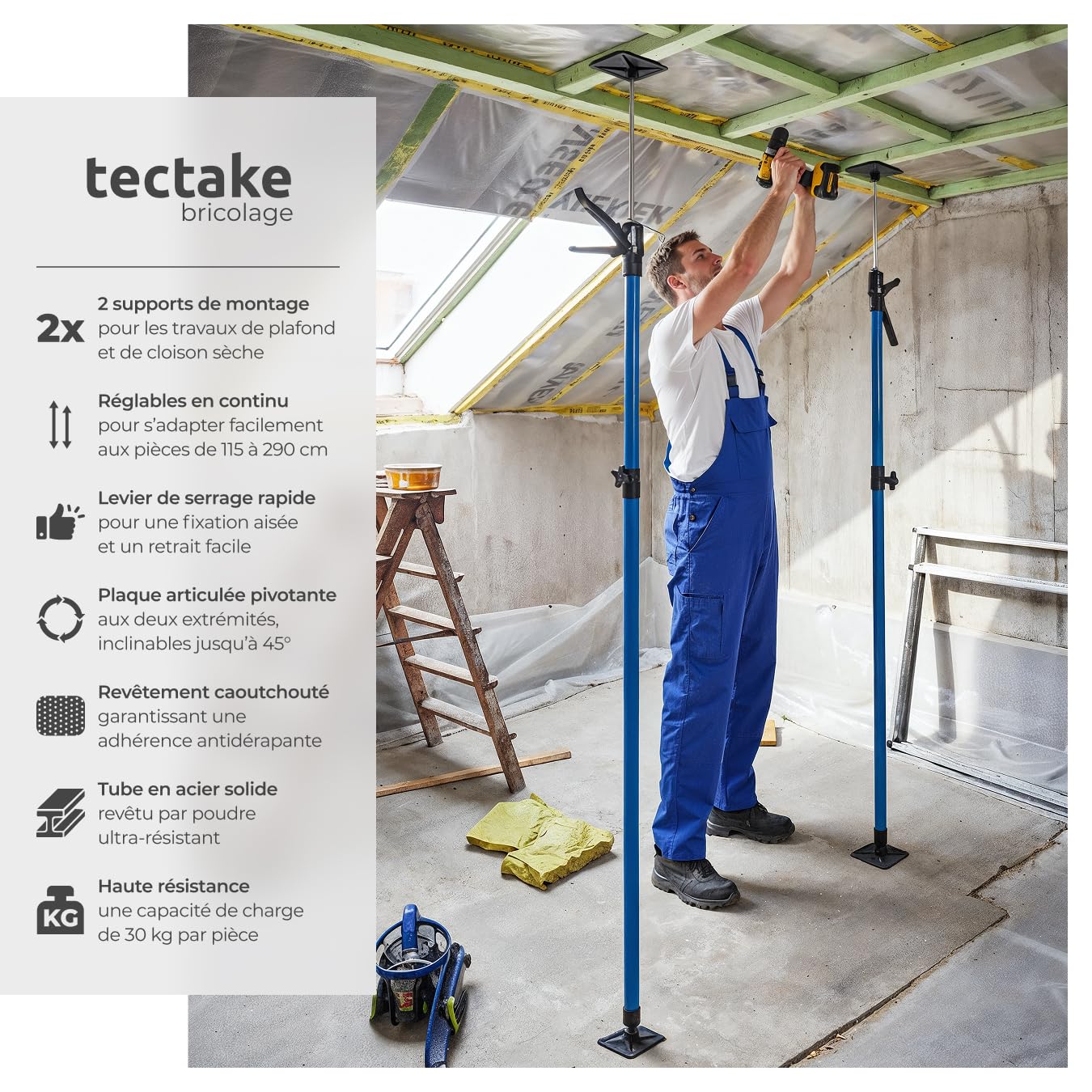 Tectake Lot de 2 Etais Télescopique Support Plafond, Réglable 115-290 cm, Charge Max 30 kg, Fixation Rapide, Bleu
