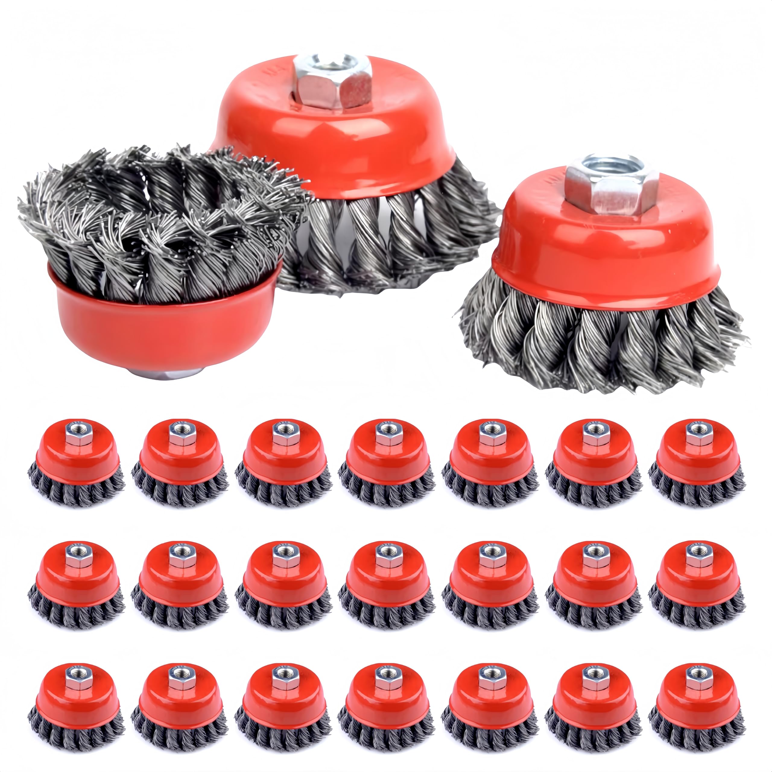 Lot de 24 brosses à molette métallique pour meuleuse d'angle de 10,4 cm, brosse métallique torsadée nouée de 7,6 cm avec tige filetée de 1,6 cm à 11, brosse à coupe métallique pour nettoyage de métal