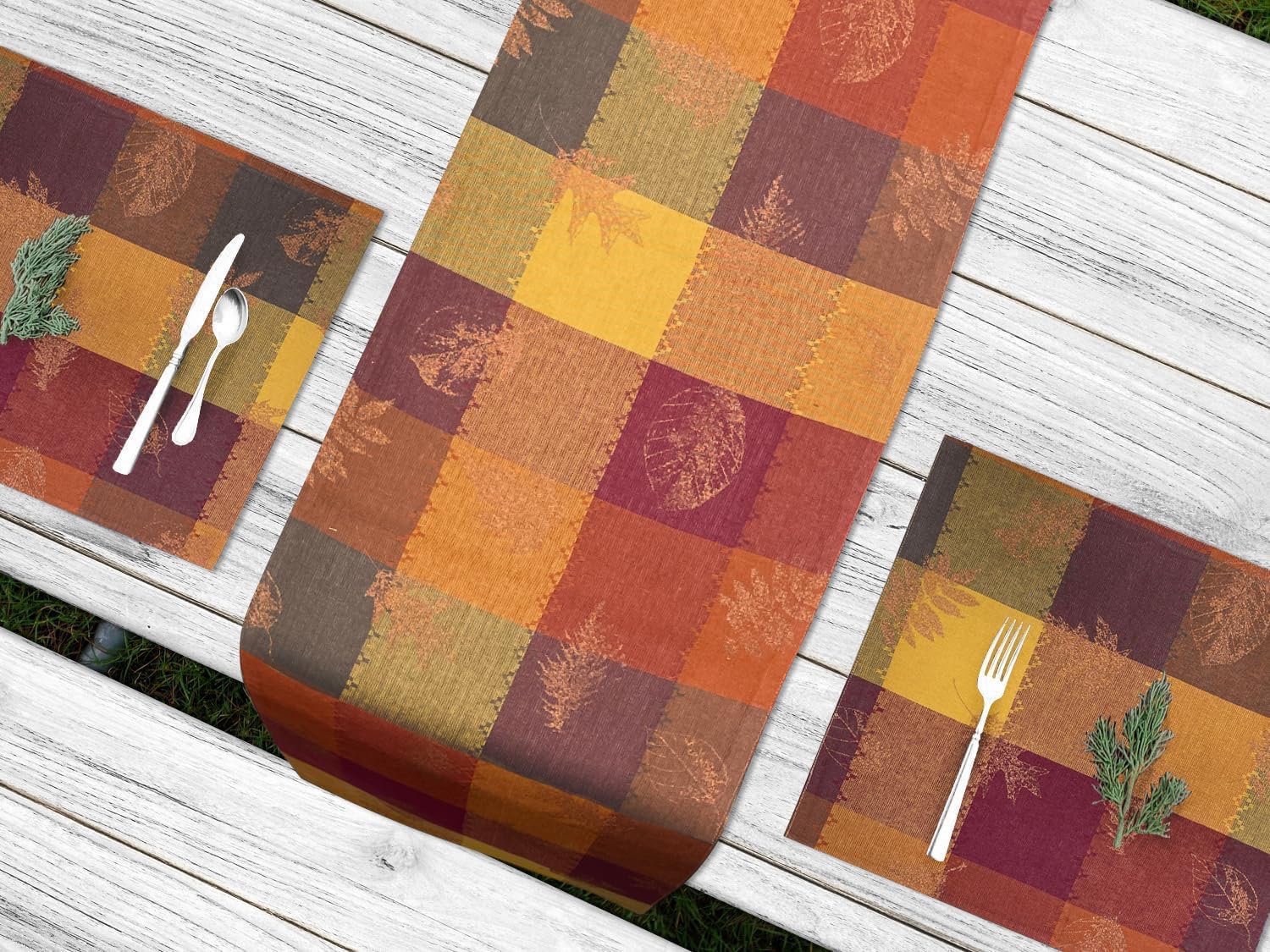 Kovot Autumn Foliage Set: 4 Placemats & 72" Table Runner - Fall Colors with Foil Leaf Accents for Festive Thanksgiving Table Decor