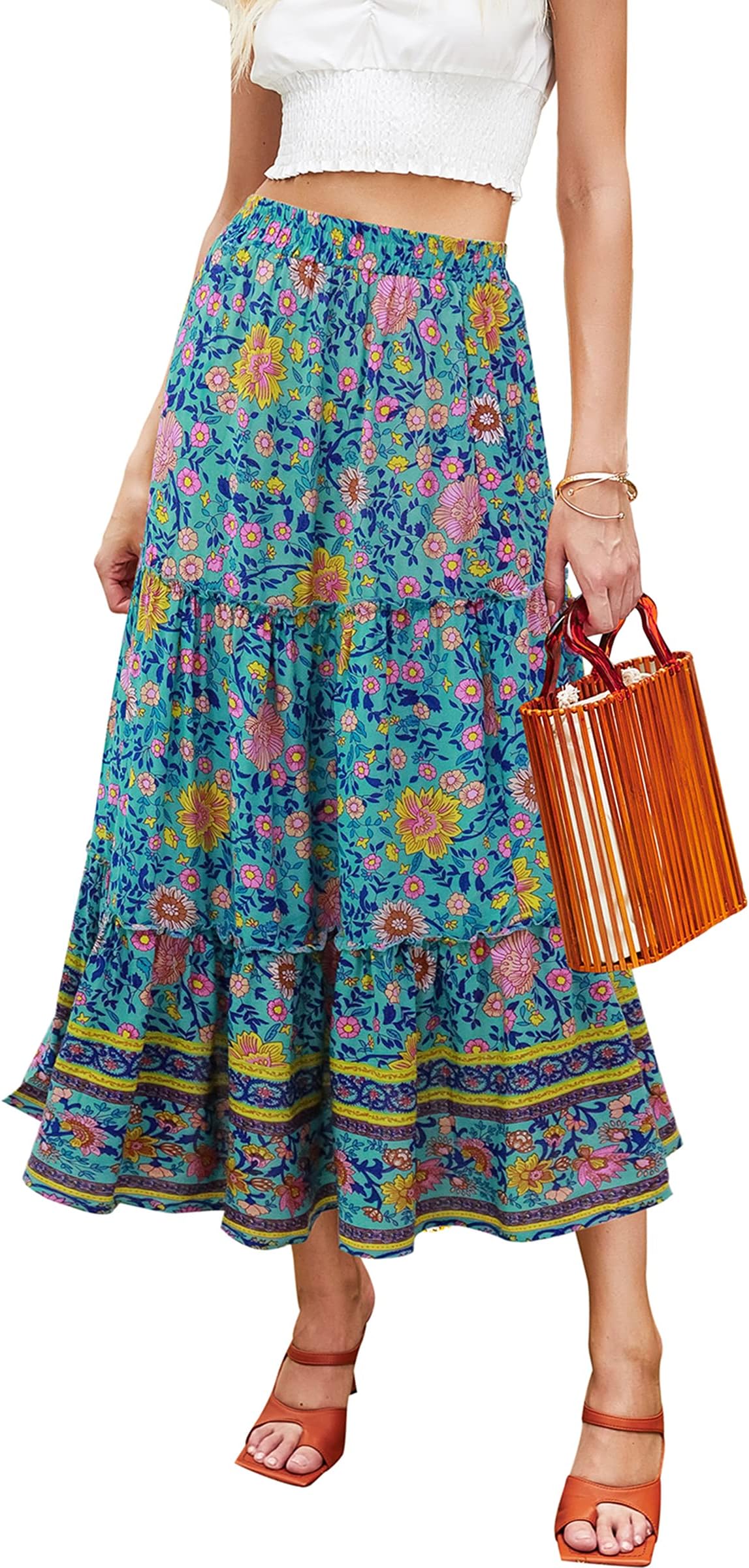 Women's Floral Midi Skirts Elastic High Waist A-Line Swing Skirts