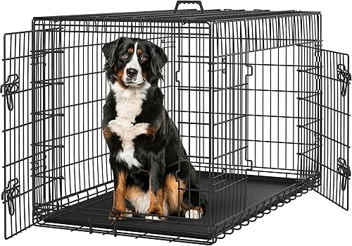 Miniatura 1 de Yaheetech Jaula para perros de 48 pulgadas con doble puerta con divisor para cachorros y adultos, jaula de metal plegable grande con bandeja