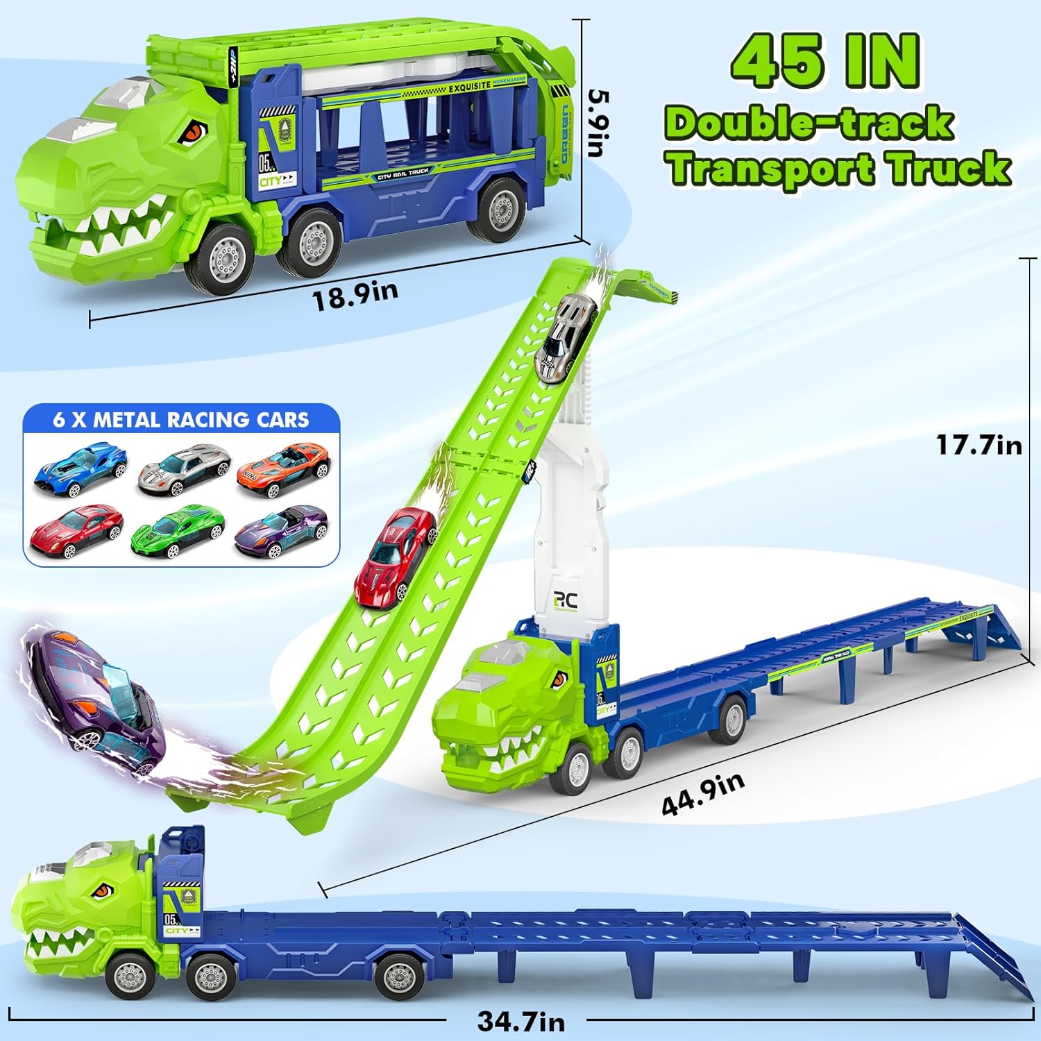 BainGesk Dinosaur Truck Car Toys for 3, 4, 5, 6 Years Old Boys Girls, 3 in 1 Carrier Truck with 2 Foldable Race Tracks, Transport Car with 6 Metal Cars, Birthday Toys Gifts for Toddlers