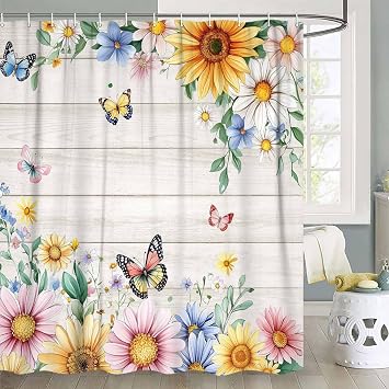 Floral Butterfly Shower Curtain, Sunflower Daisy Wildflower Rustic Farmhouse Bathroom Decor, Spring Summer Botanical Wood Waterproof Fabric Shower Curtain Set, 72x72 Inch with Hooks