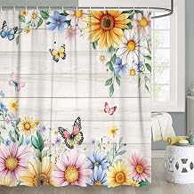 Floral Butterfly Shower Curtain, Sunflower Daisy Wildflower Rustic Farmhouse Bathroom Decor, Spring Summer Botanical Wood Waterproof Fabric Shower Curtain Set, 72x72 Inch with Hooks